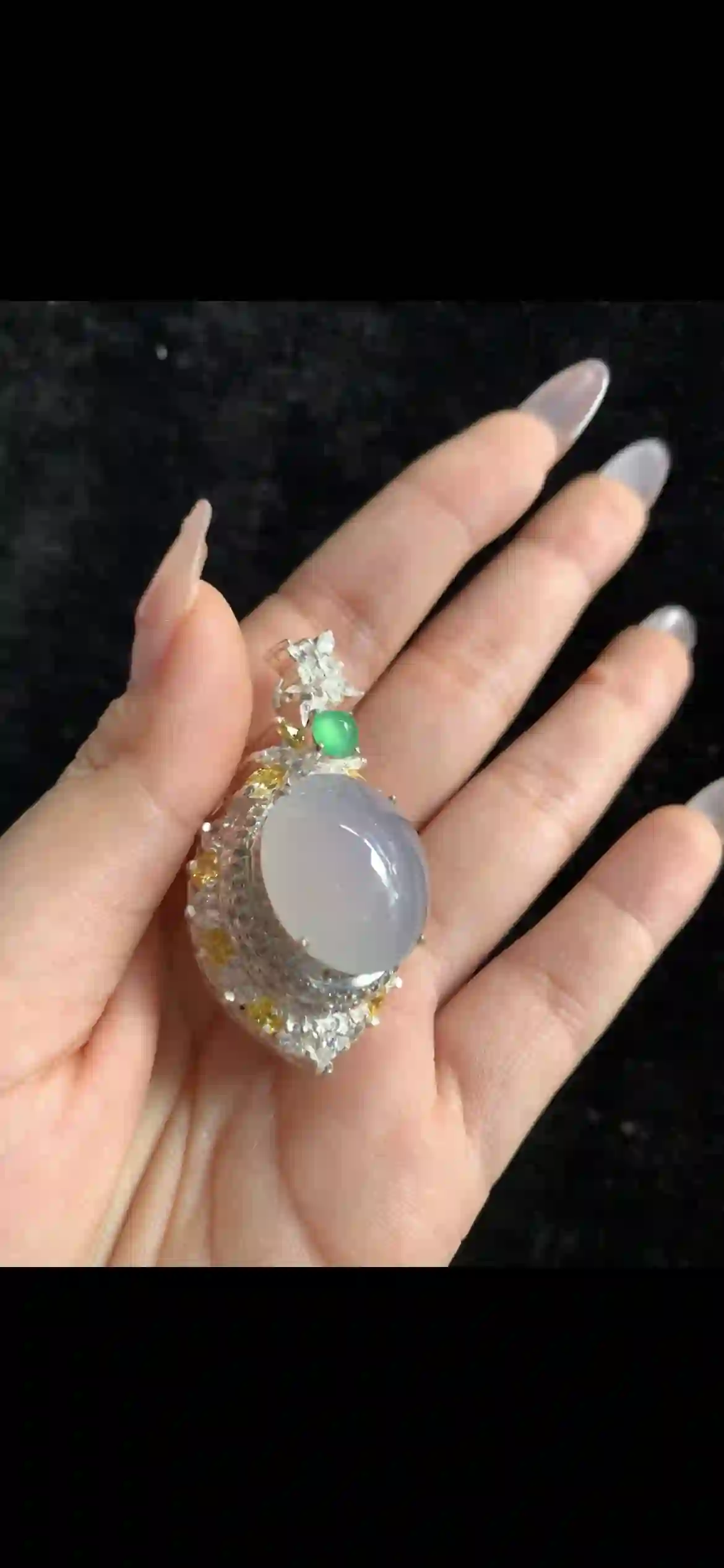 Lavender Icy Jade Pendant — Accent Green Jade & Yellow Diamond-Style Gemstones in Silver | Myanmar Jadeite reference #33840001