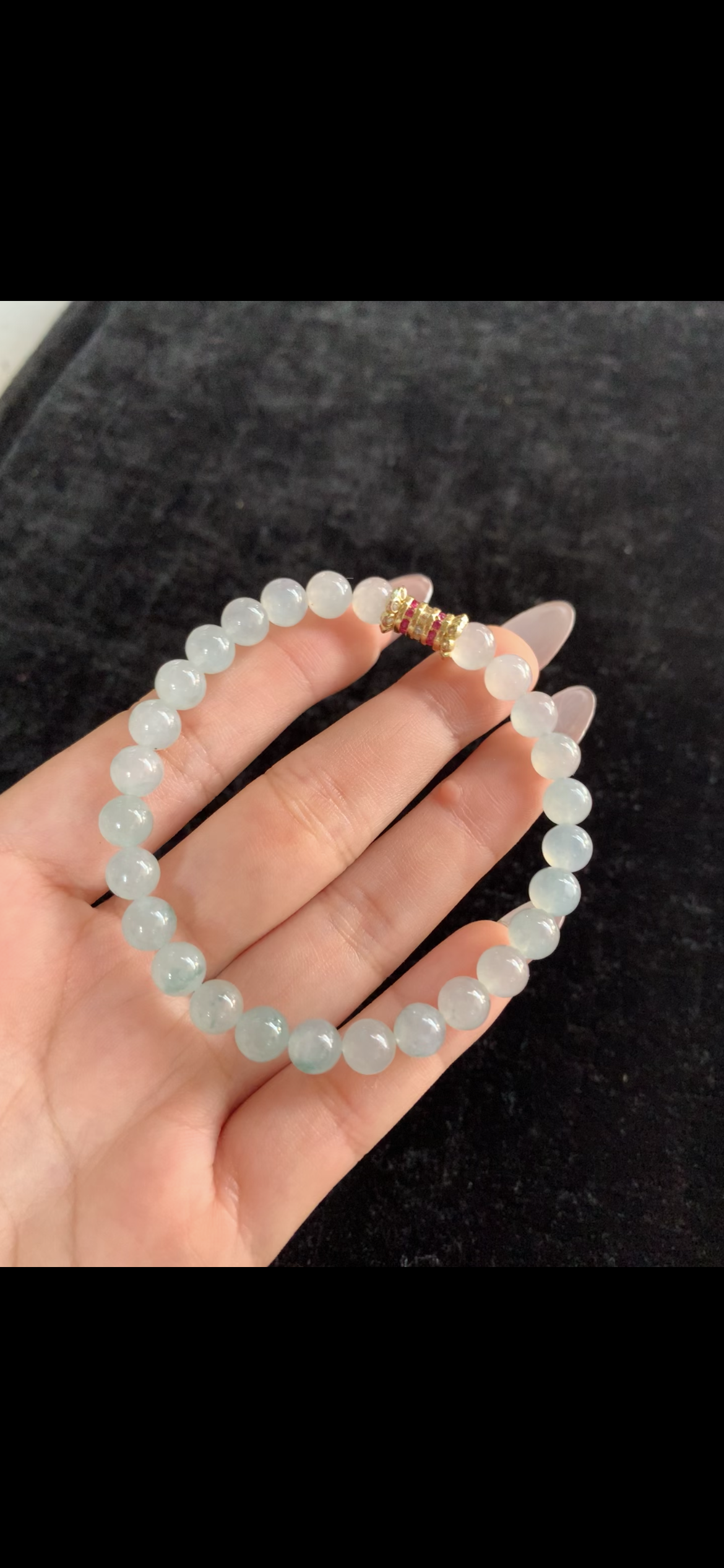 Icy Pale Green Jadeite Beaded Bracelet with Gemstone Accent Clasp