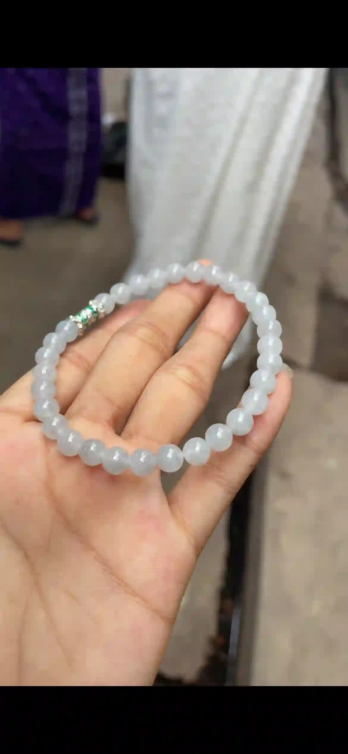 Icy White Jadeite Delicate Bead Bracelet with Gem‑Set Spacer, view 2 | Myanmar Jadeite reference #9810002