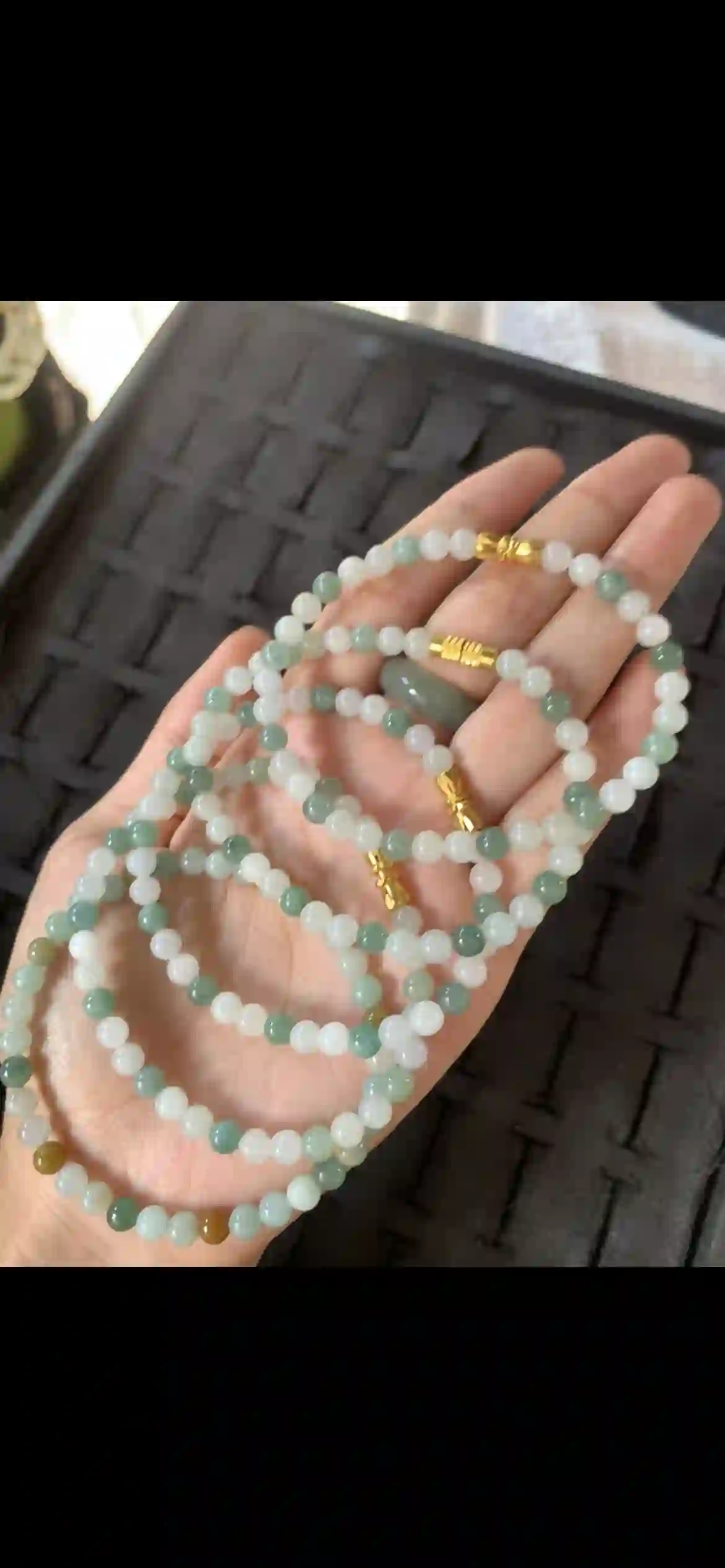 Set of Gradient Green & White Jade Beaded Bracelets with Gold Accents | Myanmar Jadeite reference #28320001
