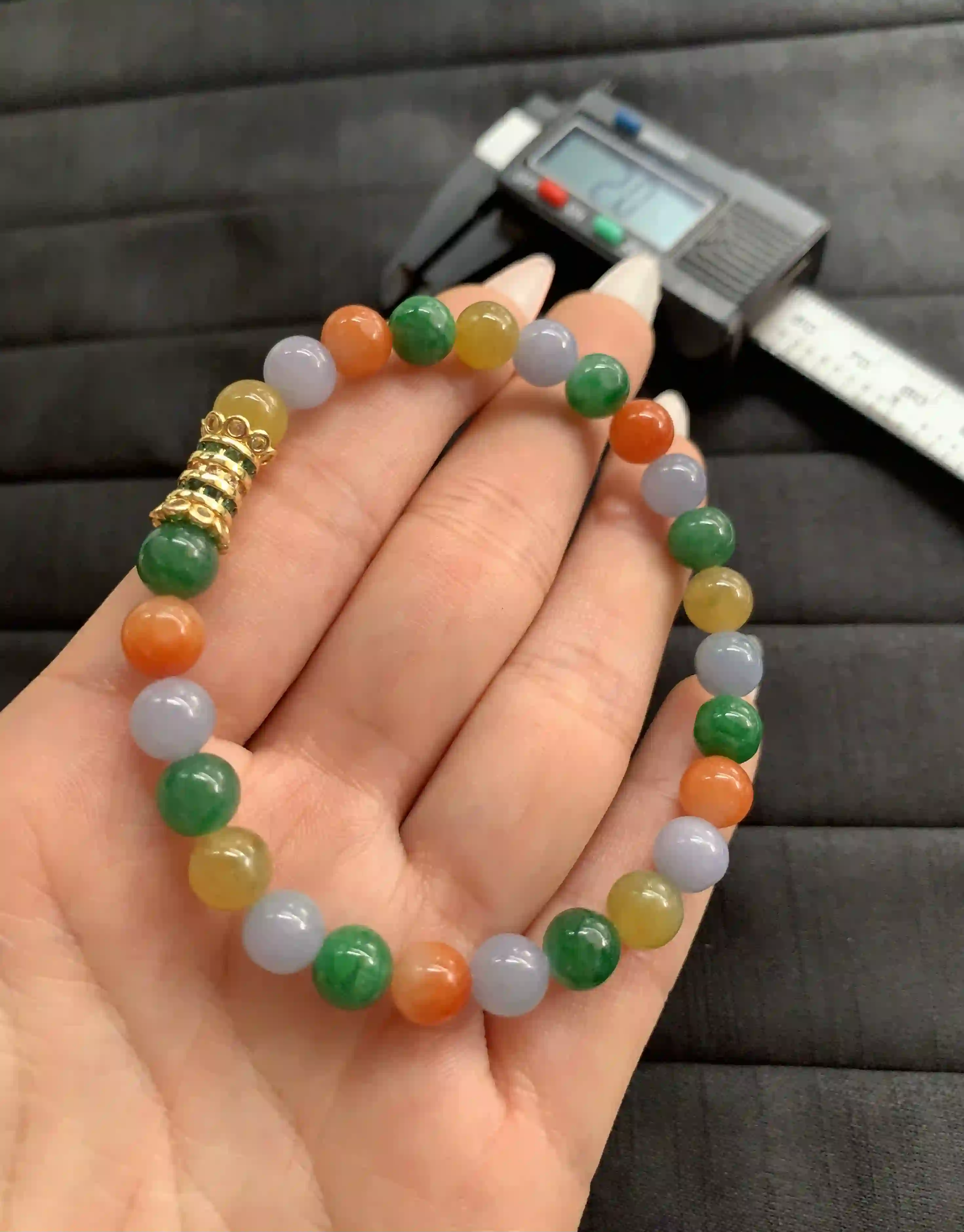 Colorful Multi-Hue Jade Beaded Bracelet with Gold Accent | Myanmar Jadeite reference #1260006