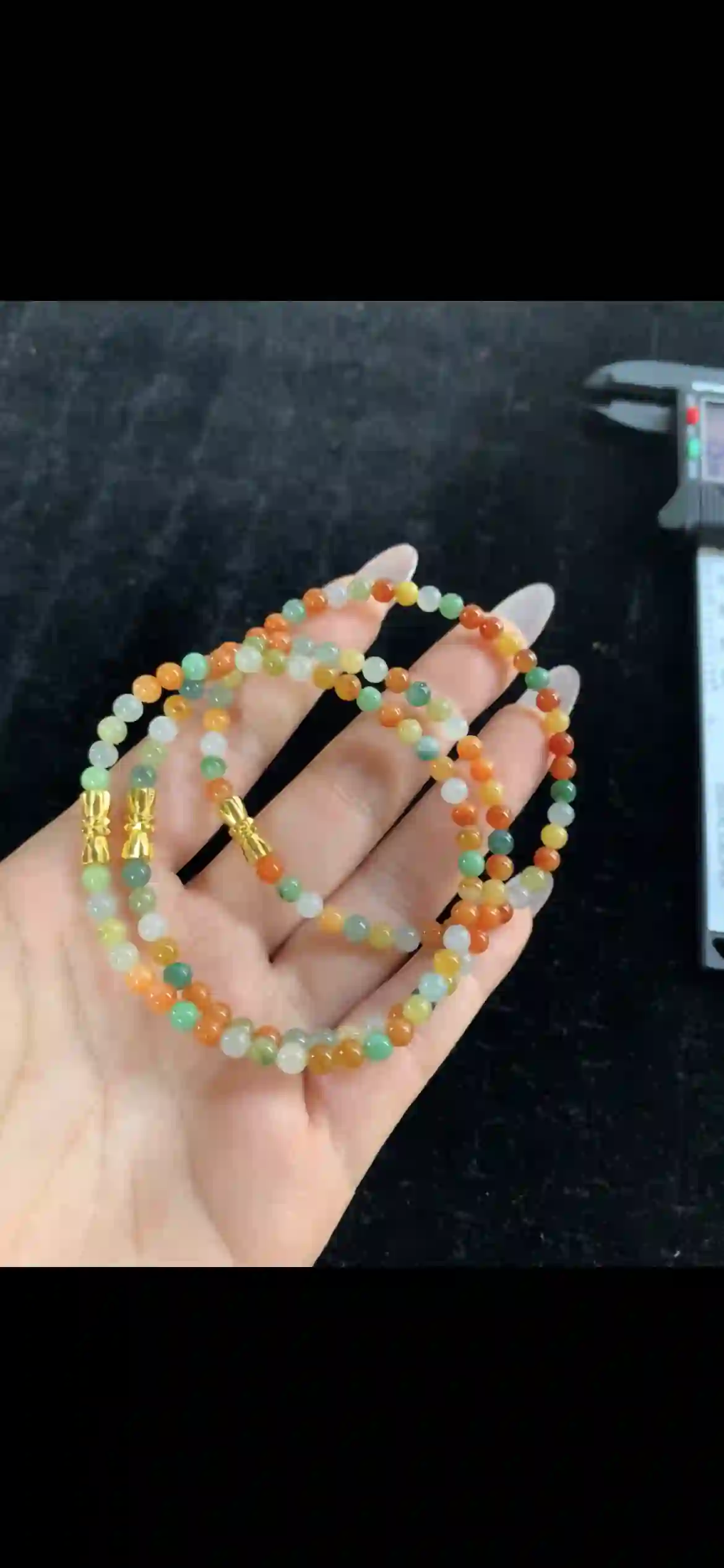Rainbow Multi-Color Jade Bead Three-Row Bracelet with Gold Spacers | Myanmar Jadeite reference #30840001