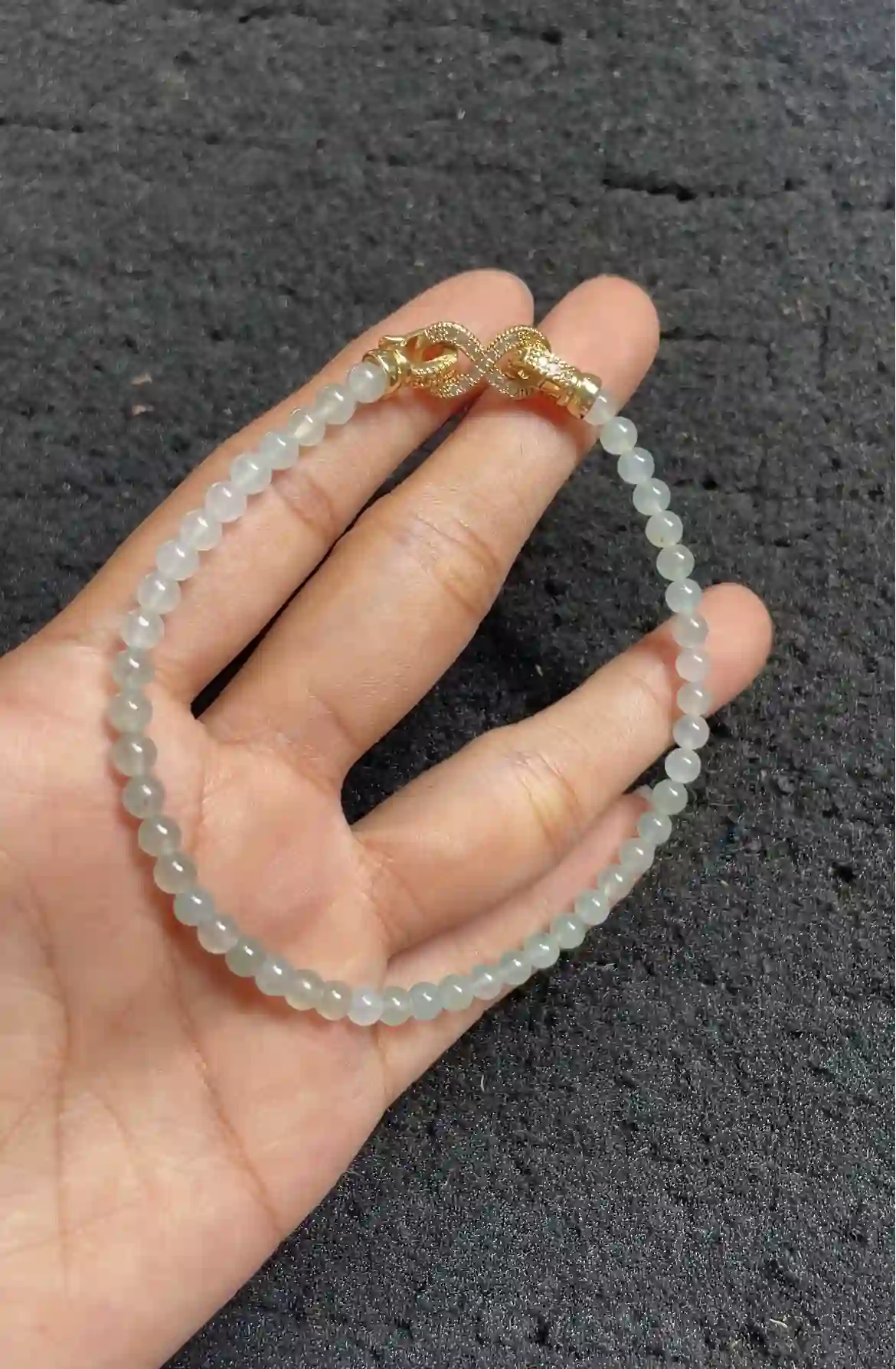 Elegant Icy Jade Bracelet with Infinity Clasp, view 2 | Myanmar Jadeite reference #2640004