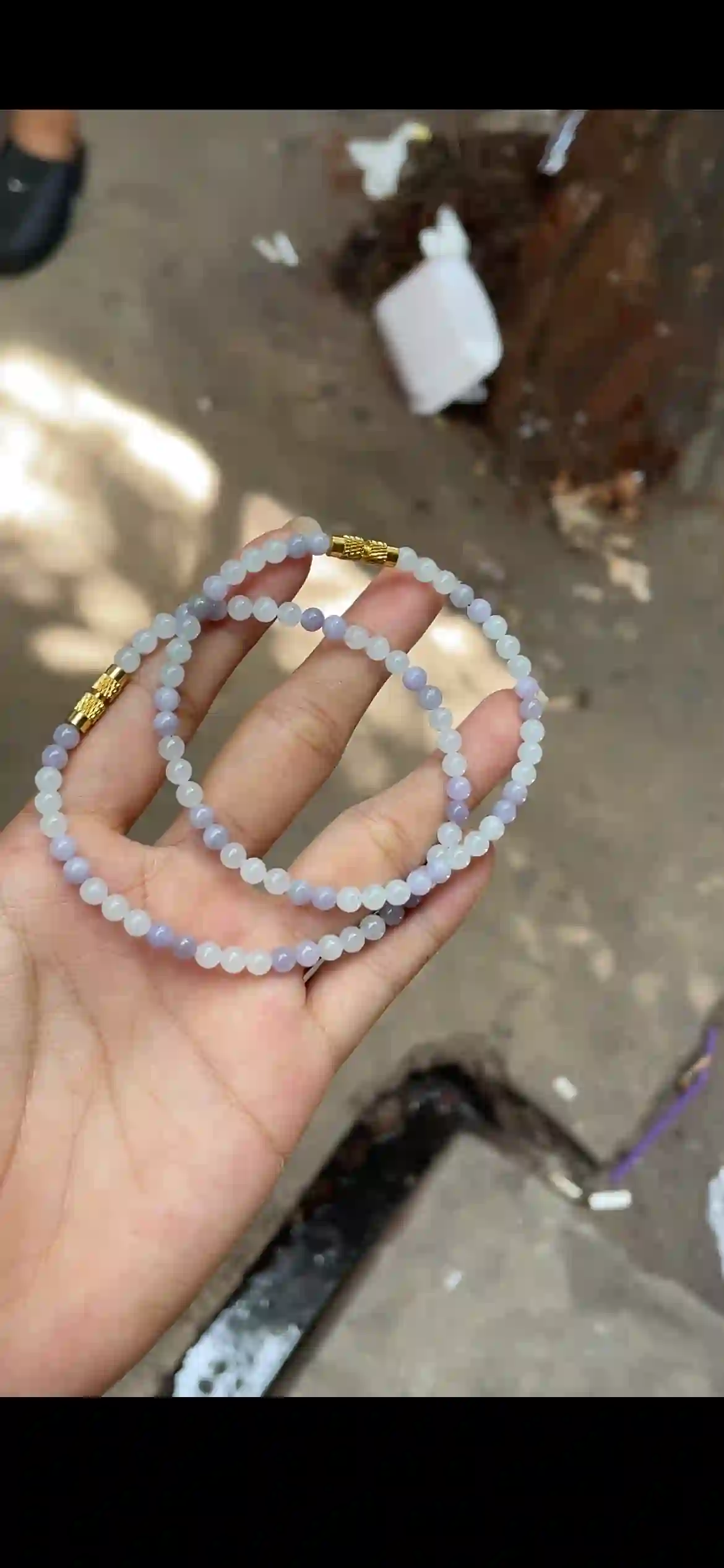 Double-Strand Icy White & Lavender Jade Bead Bracelet with Gold Clasps, view 2 | Myanmar Jadeite reference #18630001