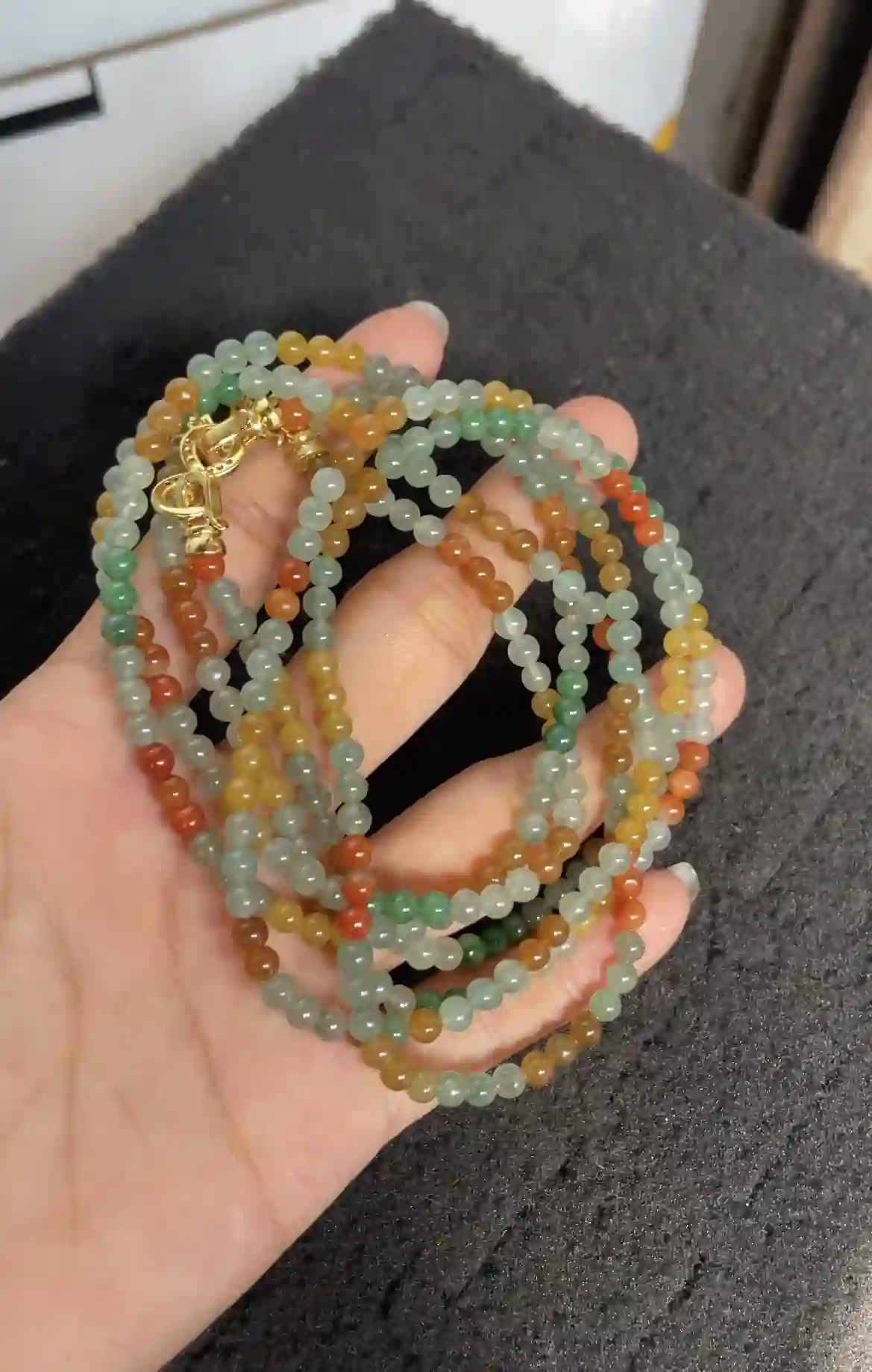 Multicolor Icy Jadeite Beaded Long Necklace / Multi-Layer Bracelet with Gold Plated Clasp, view 2 | Myanmar Jadeite reference #3450001