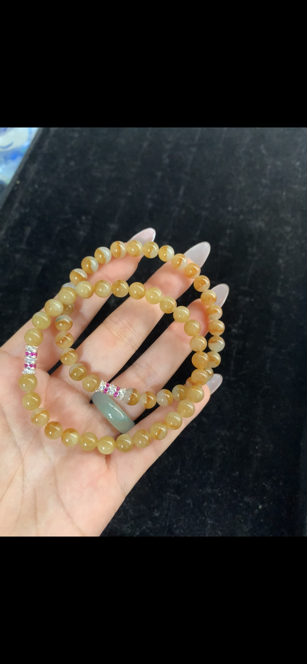 2-Strand Honey Golden-Yellow Jadeite Bracelet Set — White-Capped Beads with Pink & Clear Crystal Accents