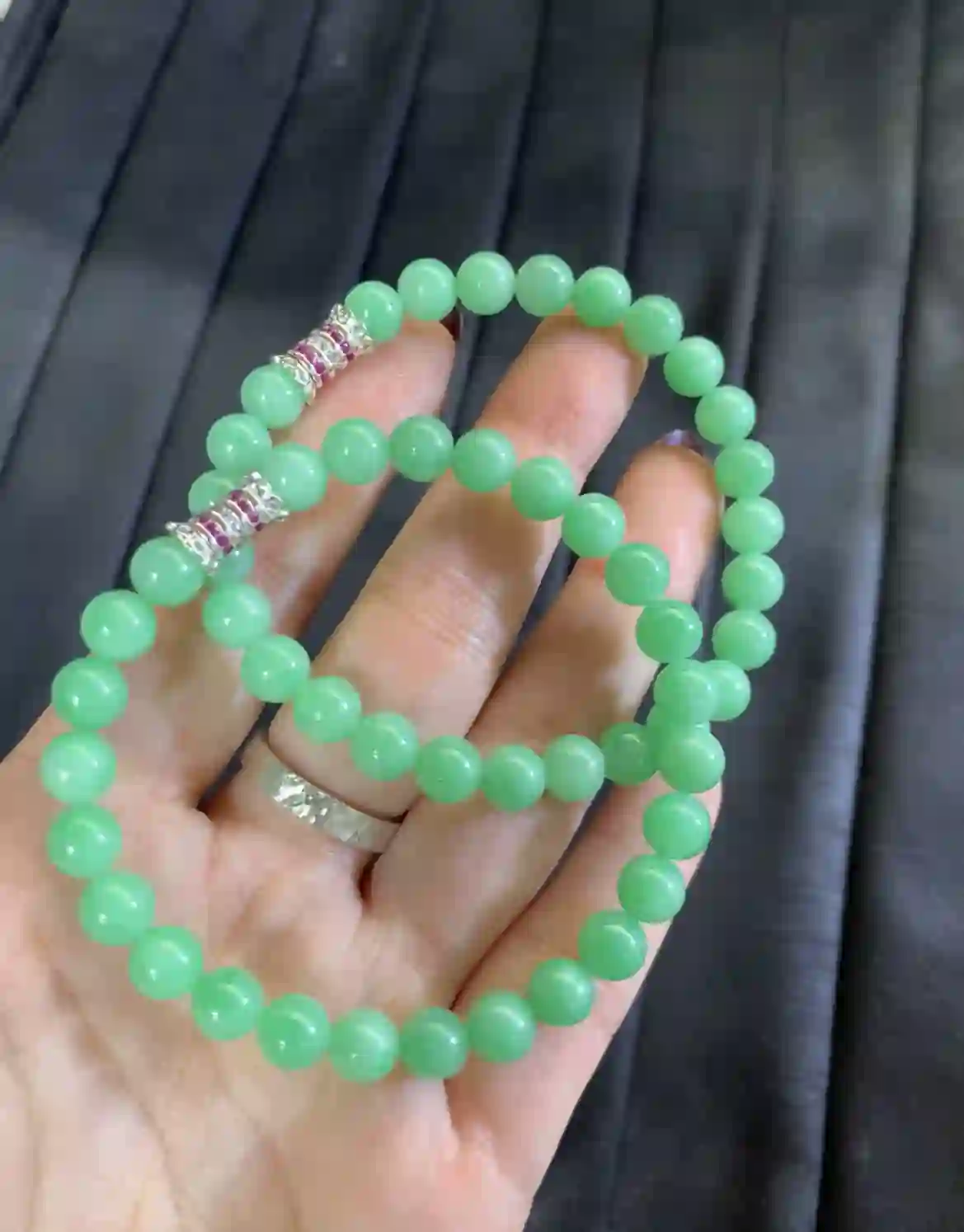   Vibrant Green Jadeite Double Strand Beaded Bracelet with Silver Plated Accents | Myanmar Jadeite reference #3300004