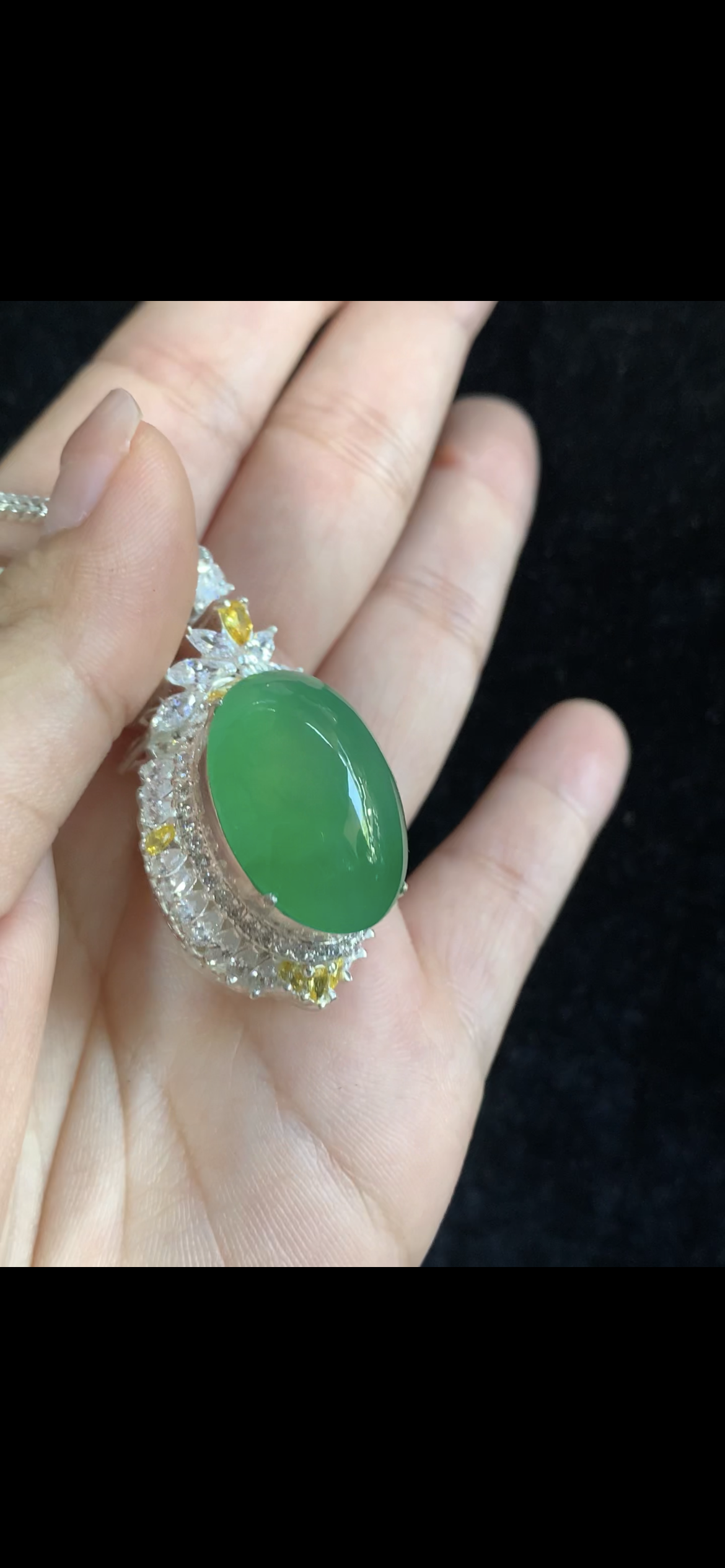 Oval Vivid Green Jade Pendant with Yellow Sapphire Accents