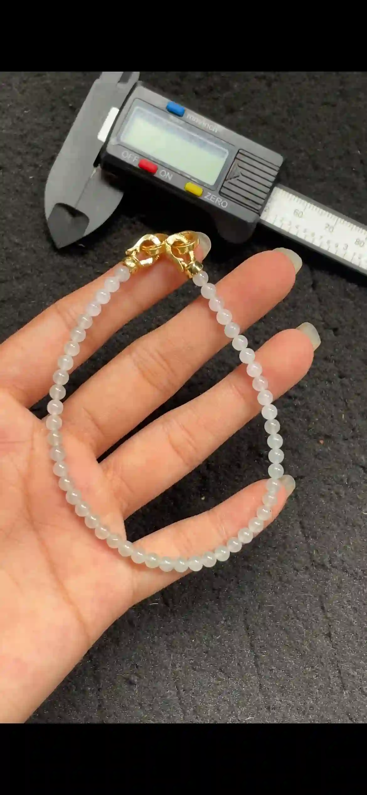  Mini Icy White Translucent Jadeite Beaded Bracelet with Gold Clasp, view 2 | Myanmar Jadeite reference #4500005