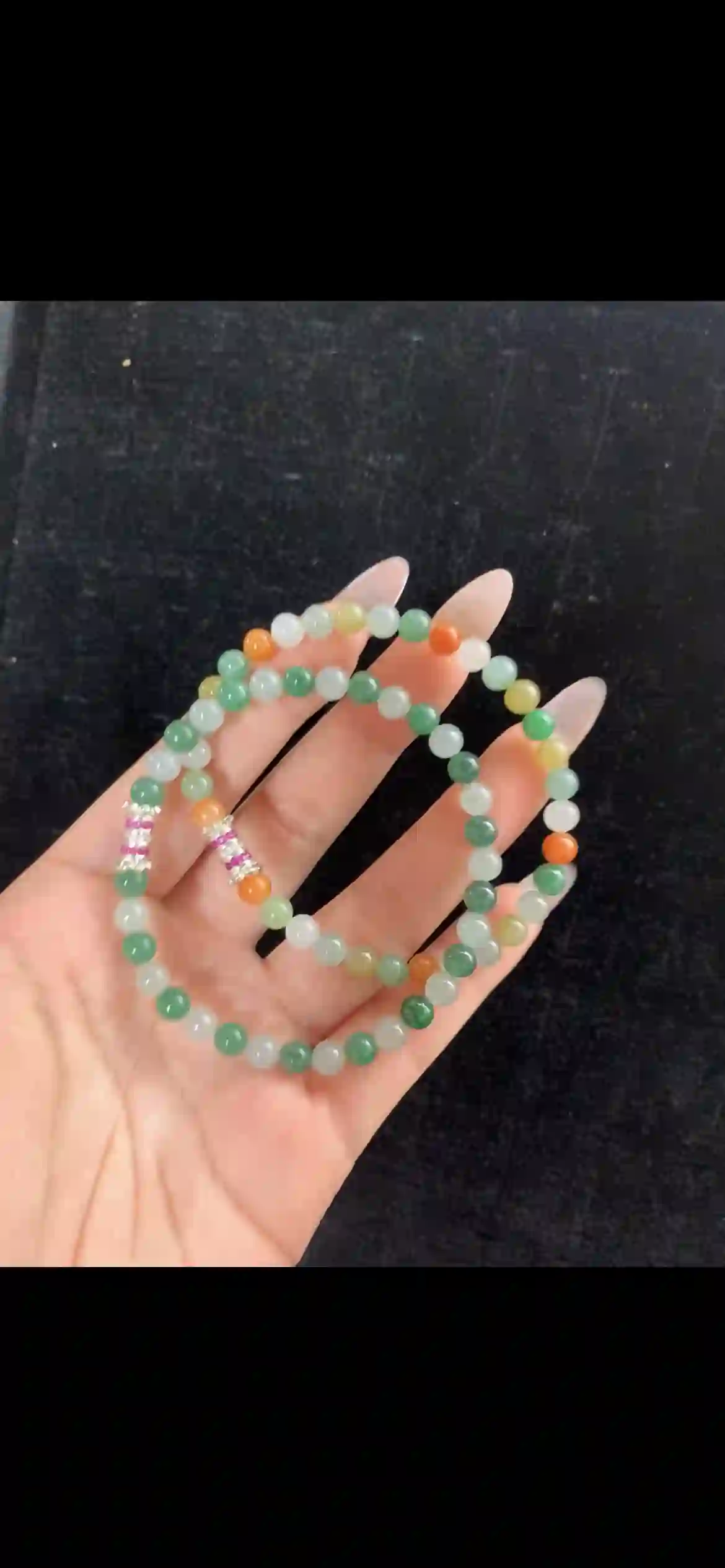Vibrant Multi-Tone Jade Bead Strand – Green, White, Golden & Orange with Sparkling Pink Accents | Myanmar Jadeite reference #31440001