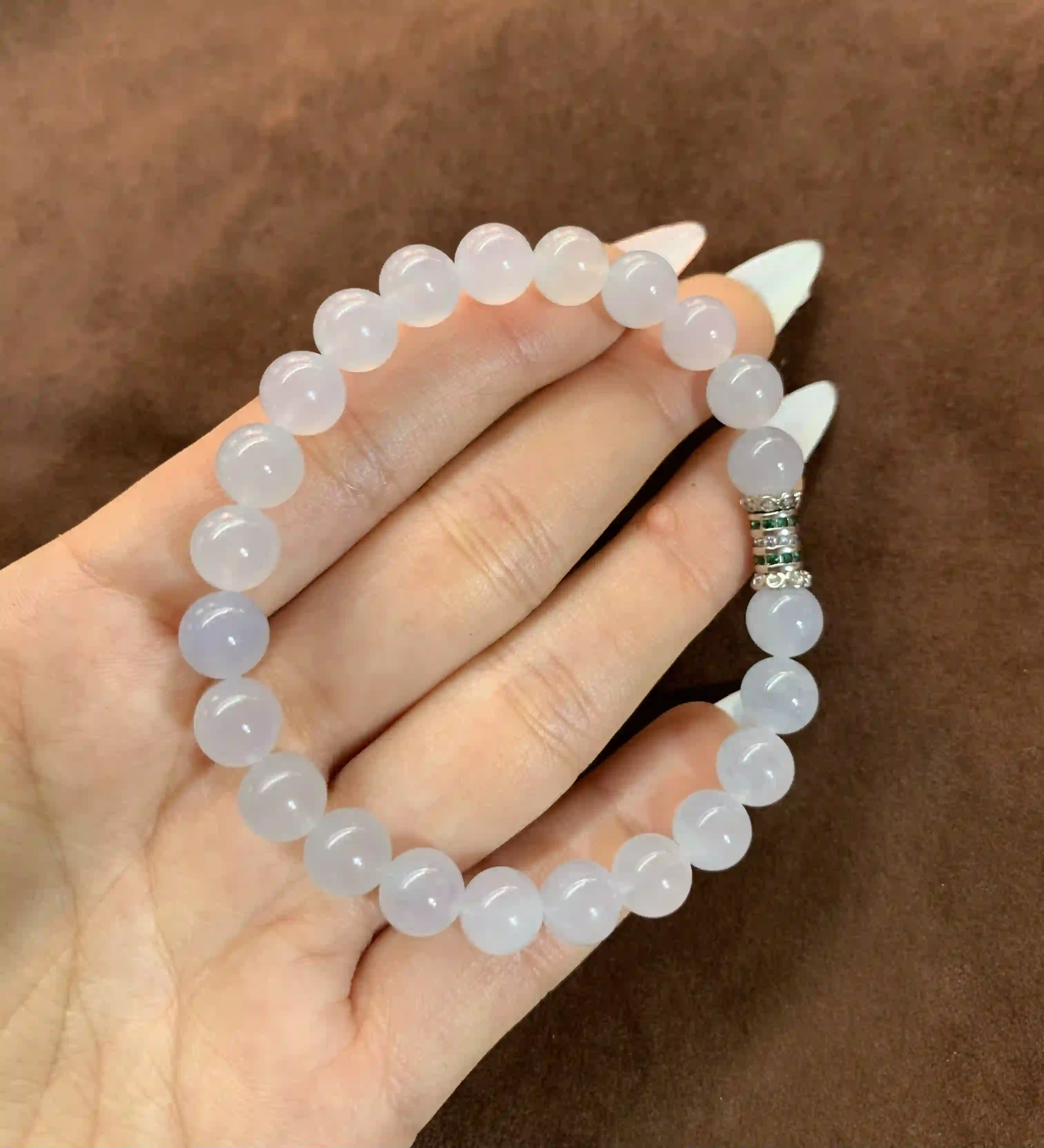  Light Lavender Jade Beaded Bracelet with Embellished Metal Accent, view 2 | Myanmar Jadeite reference #780004