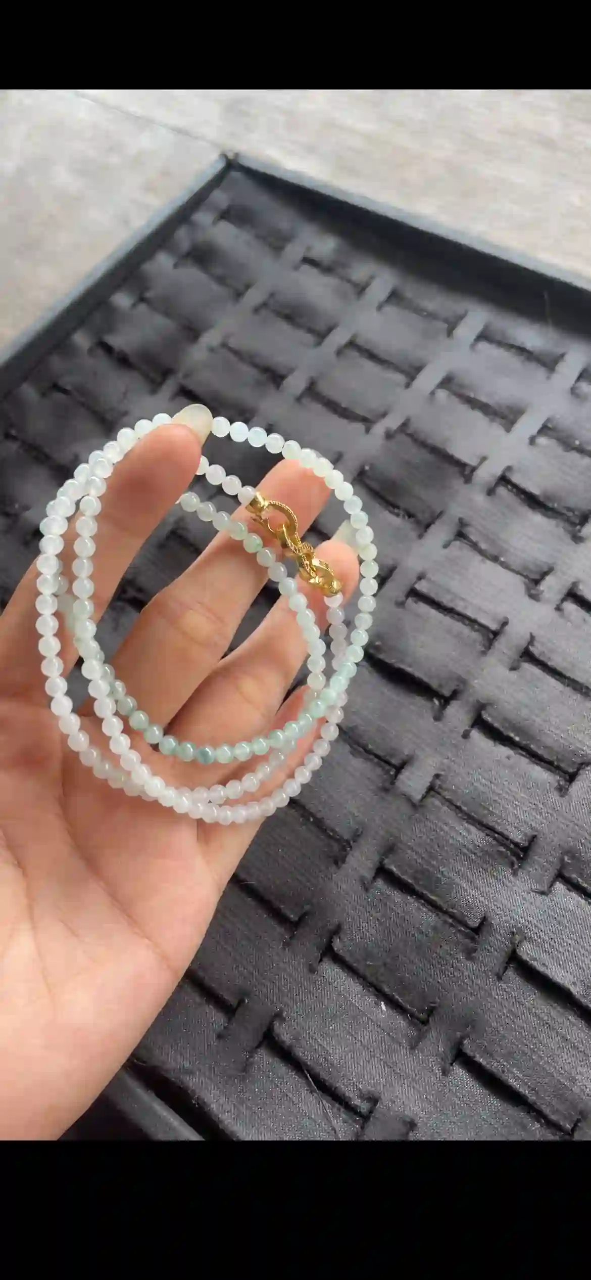 Icy Pale Green Gradient Jadeite Multi-Strand Beaded Necklace with Gold Clasp | Myanmar Jadeite reference #24060001