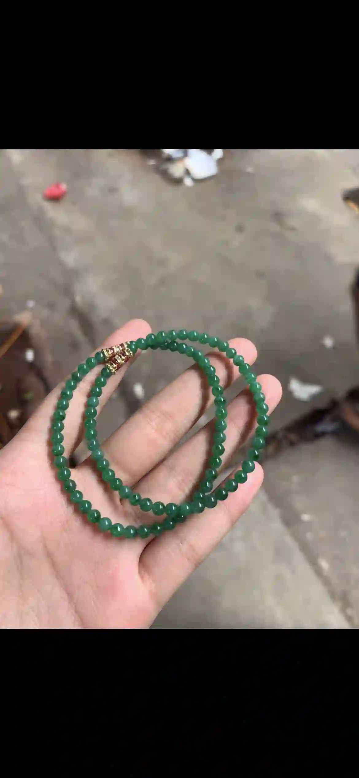 Pair of Vivid Deep Green Jade Beaded Bracelets with Gold & Pink Gem Accents | Myanmar Jadeite reference #23190001