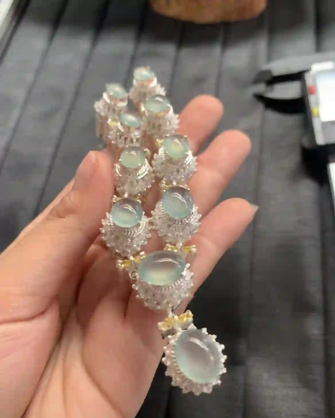   Natural Icy Green Jadeite Bracelet in Sterling Silver Setting, view 2 | Myanmar Jadeite reference #2400006