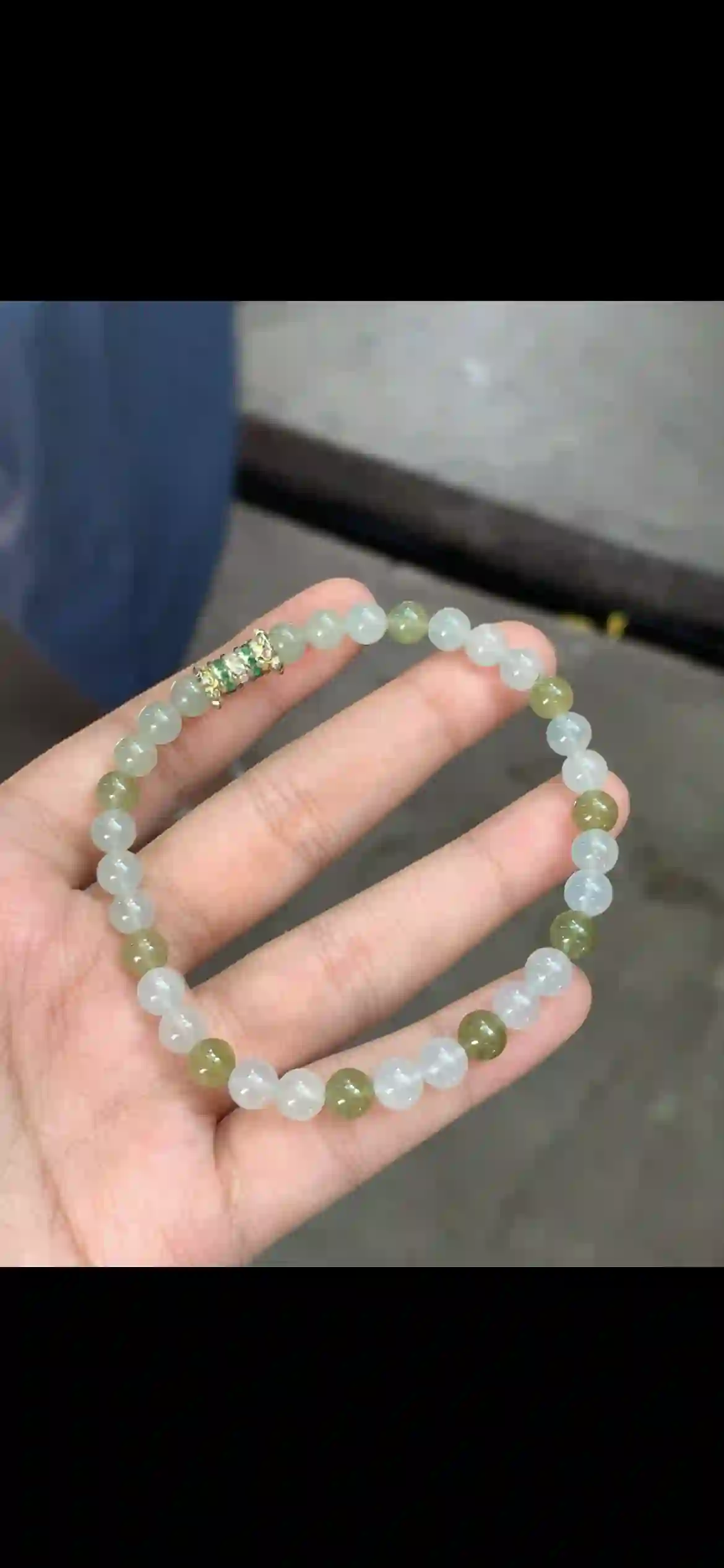 Two-Tone Pale & Olive Green Jade Beaded Bracelet with Gemstone Accent, view 2 | Myanmar Jadeite reference #23400001