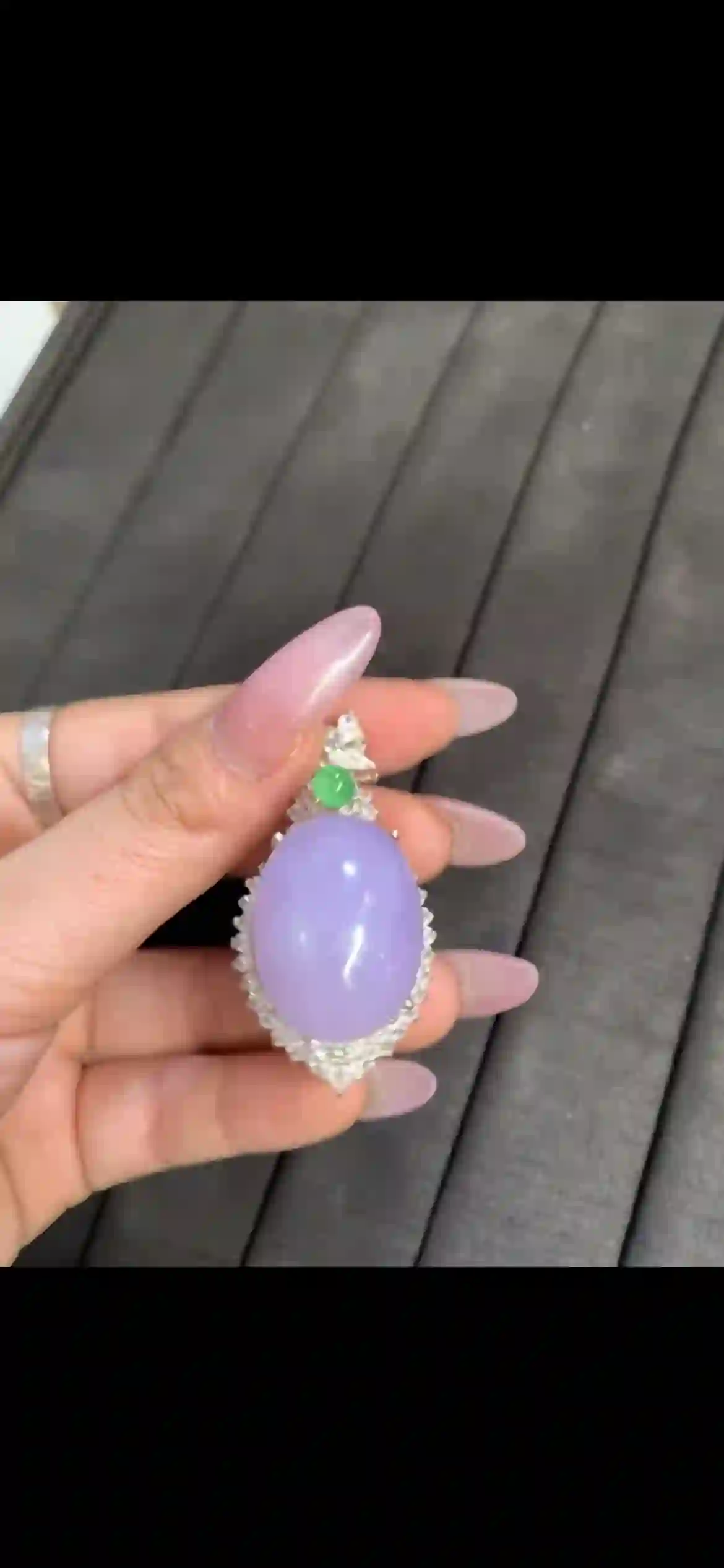  Lavender Jadeite Cabochon Pendant with Bright Green Accent and Diamond Halo, view 2 | Myanmar Jadeite reference #9540003
