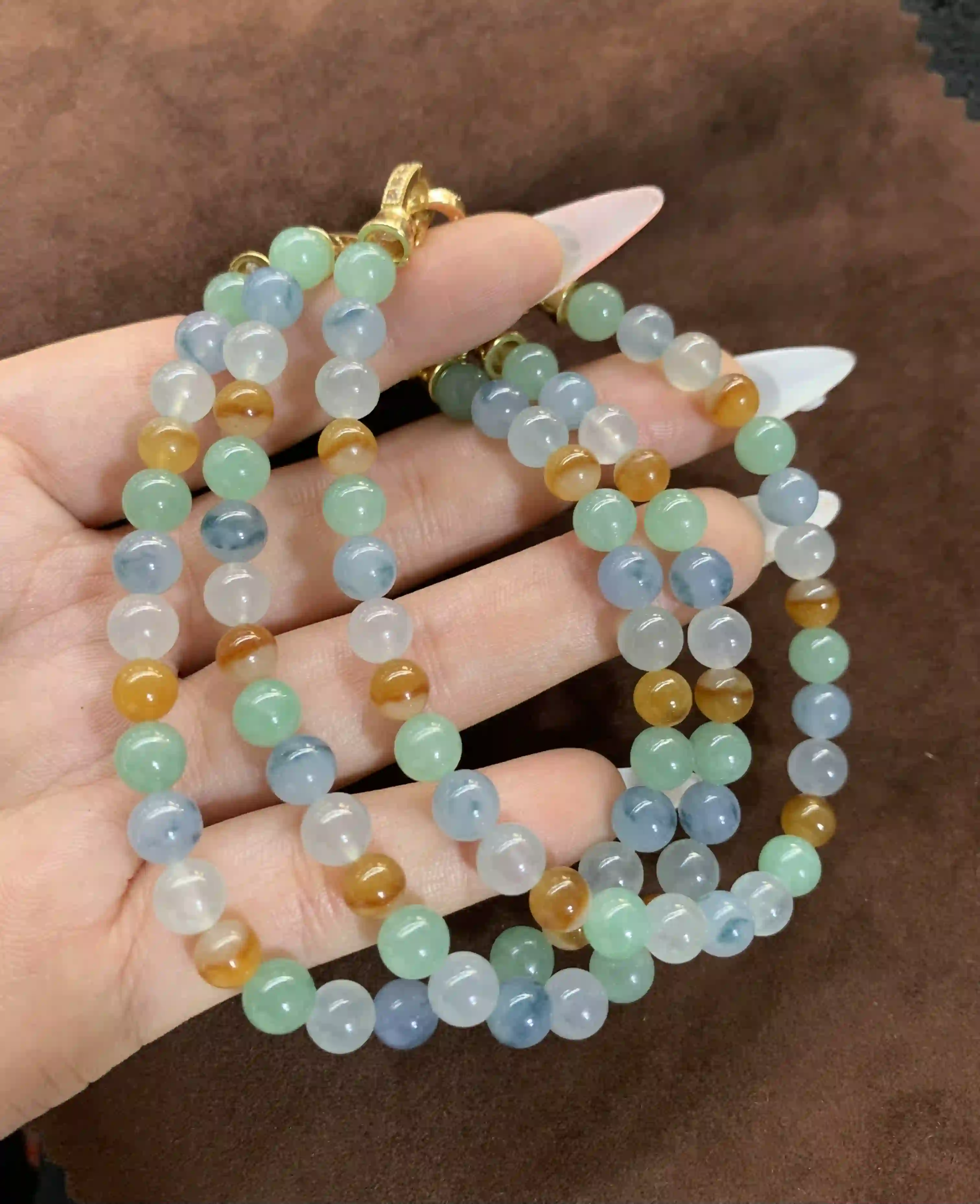  Multi-Color Jadeite Beaded Necklace with Gold Clasp | Myanmar Jadeite reference #840001