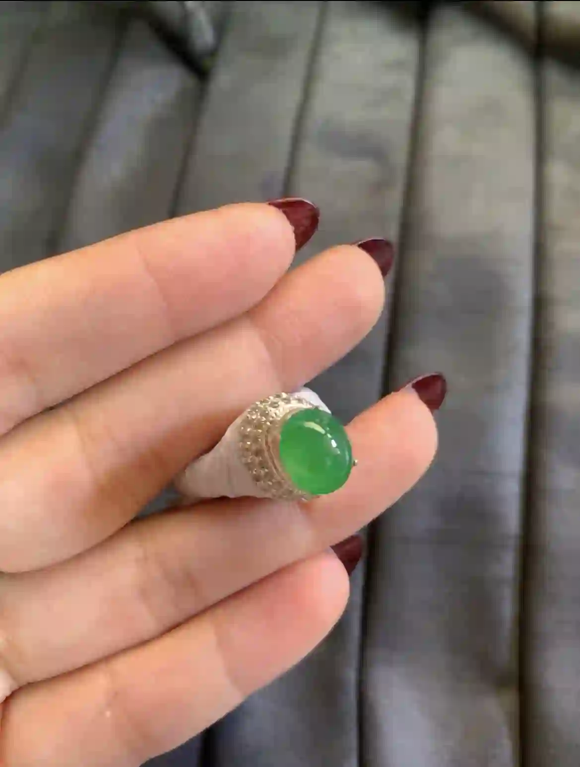 Vibrant Green Icy Jadeite Cabochon Ring with Pave-Set Diamond Halo | Myanmar Jadeite reference #3690001