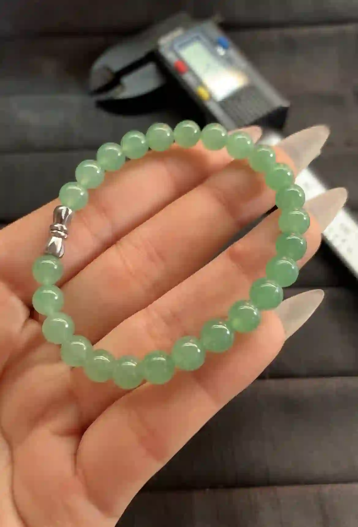 Green Aventurine-Look Beaded Bracelet with Silver Clasp, view 2 | Myanmar Jadeite reference #1170003