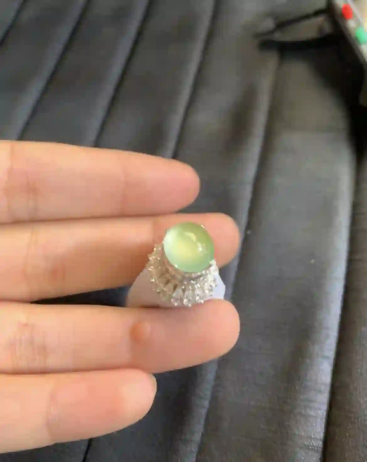 Icy Green Jade Halo Ring, view 2 | Myanmar Jadeite reference #2670005