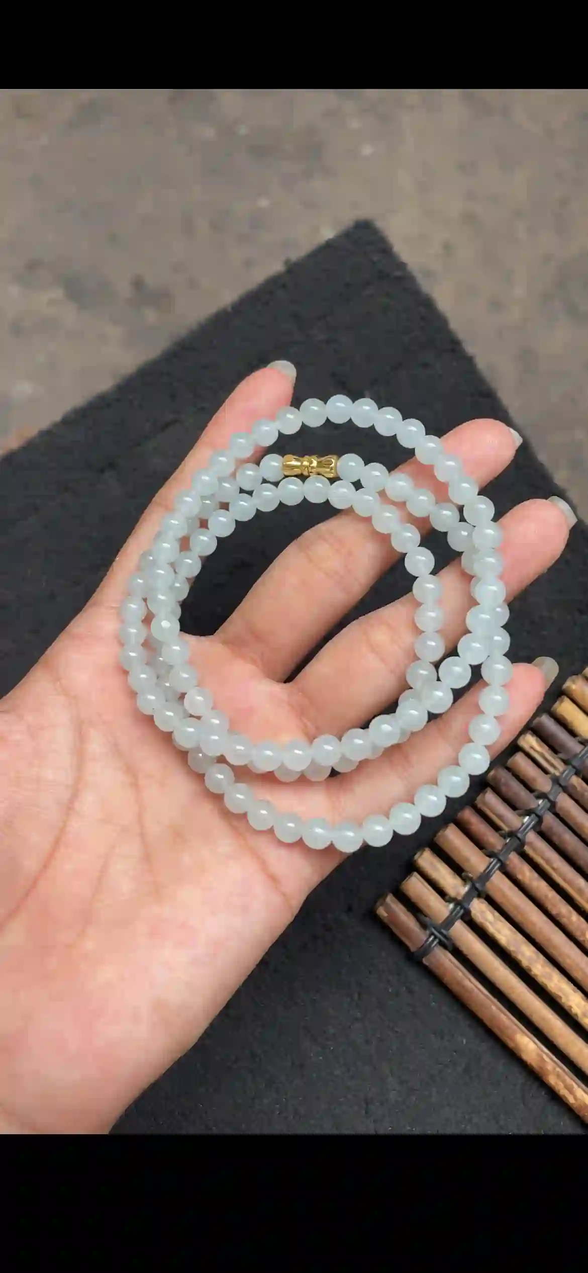 Icy Translucent Pale Blue-Green Jadeite Multi-Layer Bracelet with Gold Plated Clasp | Myanmar Jadeite reference #4140002