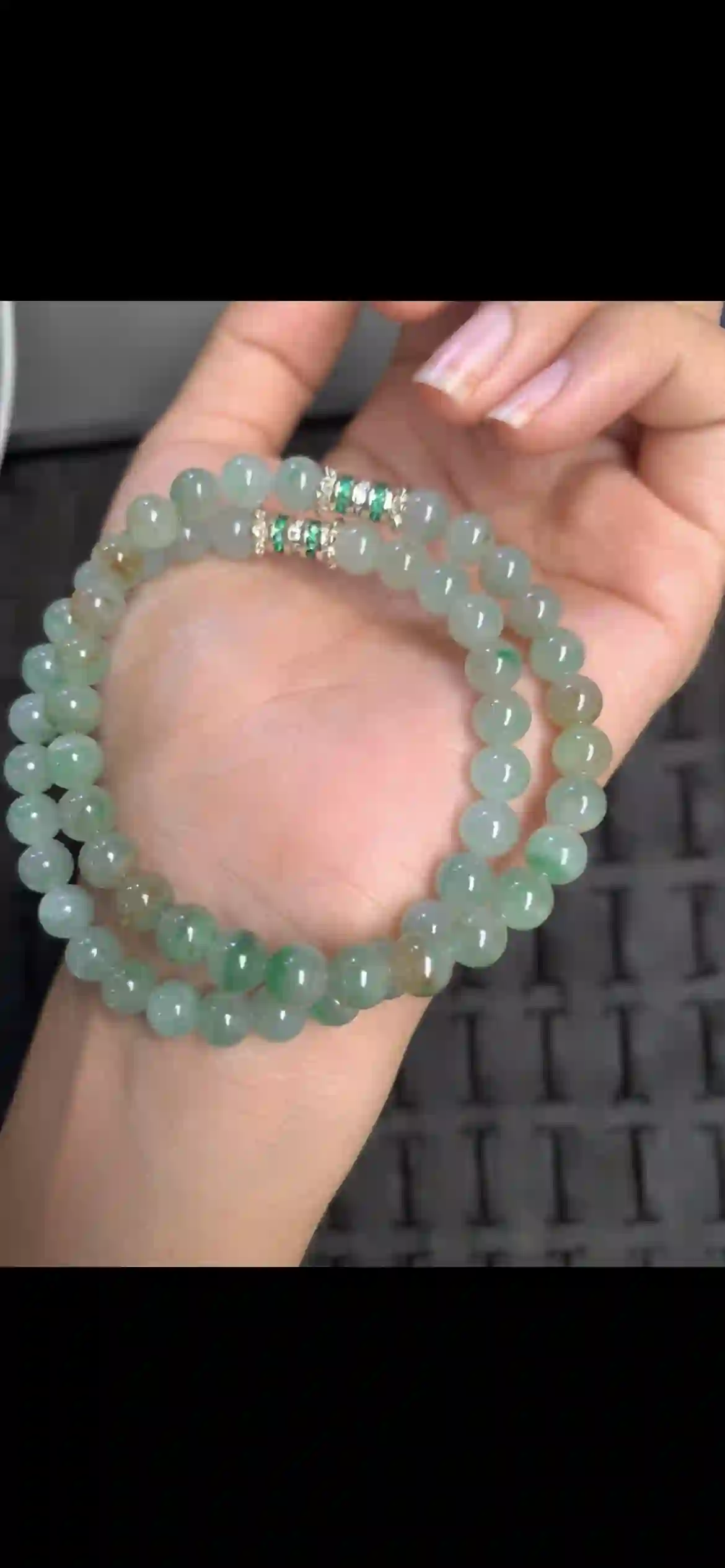 Natural Multi-Inclusion Celadon Jadeite Double-Strand Bracelet, view 2 | Myanmar Jadeite reference #16500001