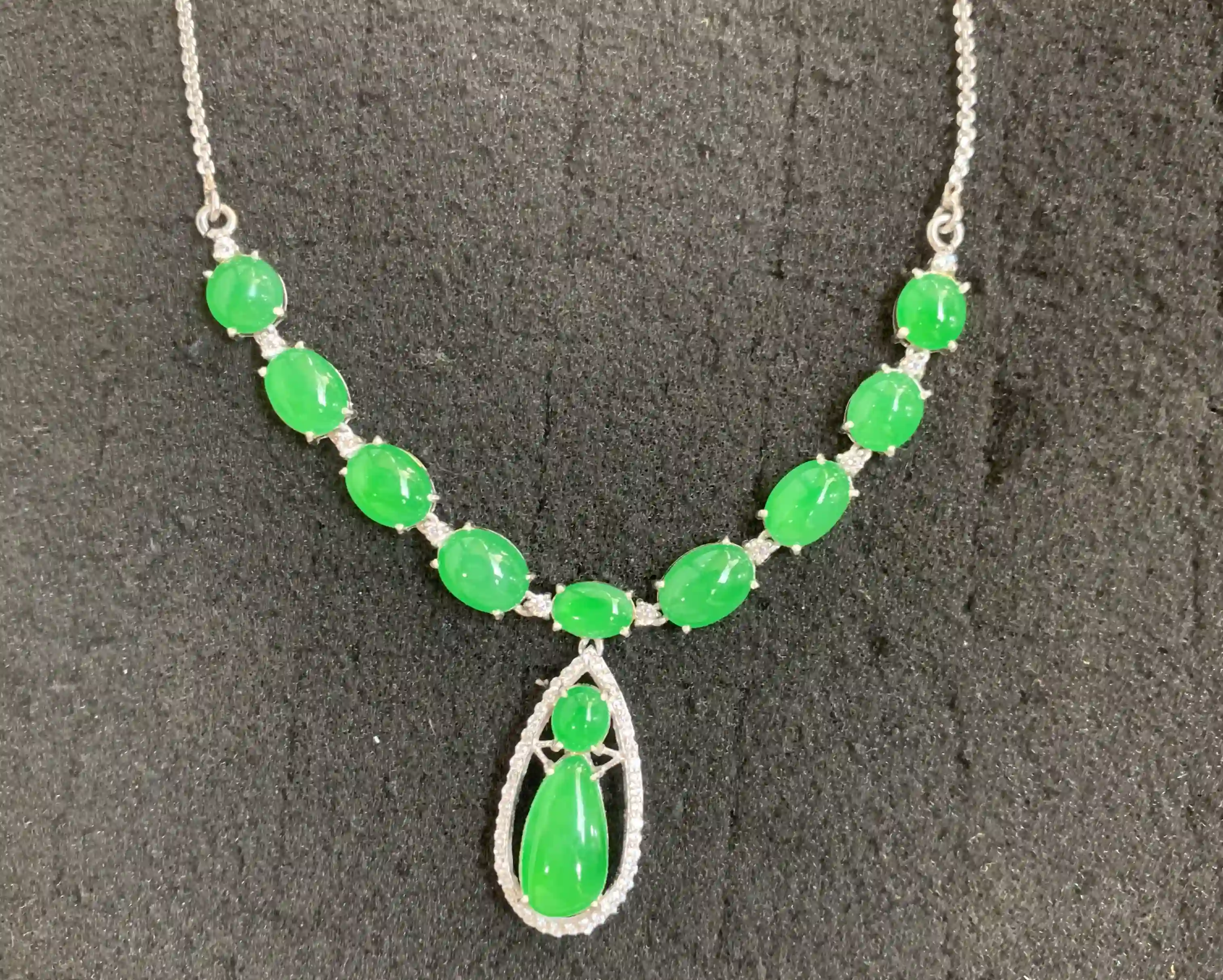 Luxurious Bright Green Gemstone Necklace with Teardrop Pendant, view 2 | Myanmar Jadeite reference #390001