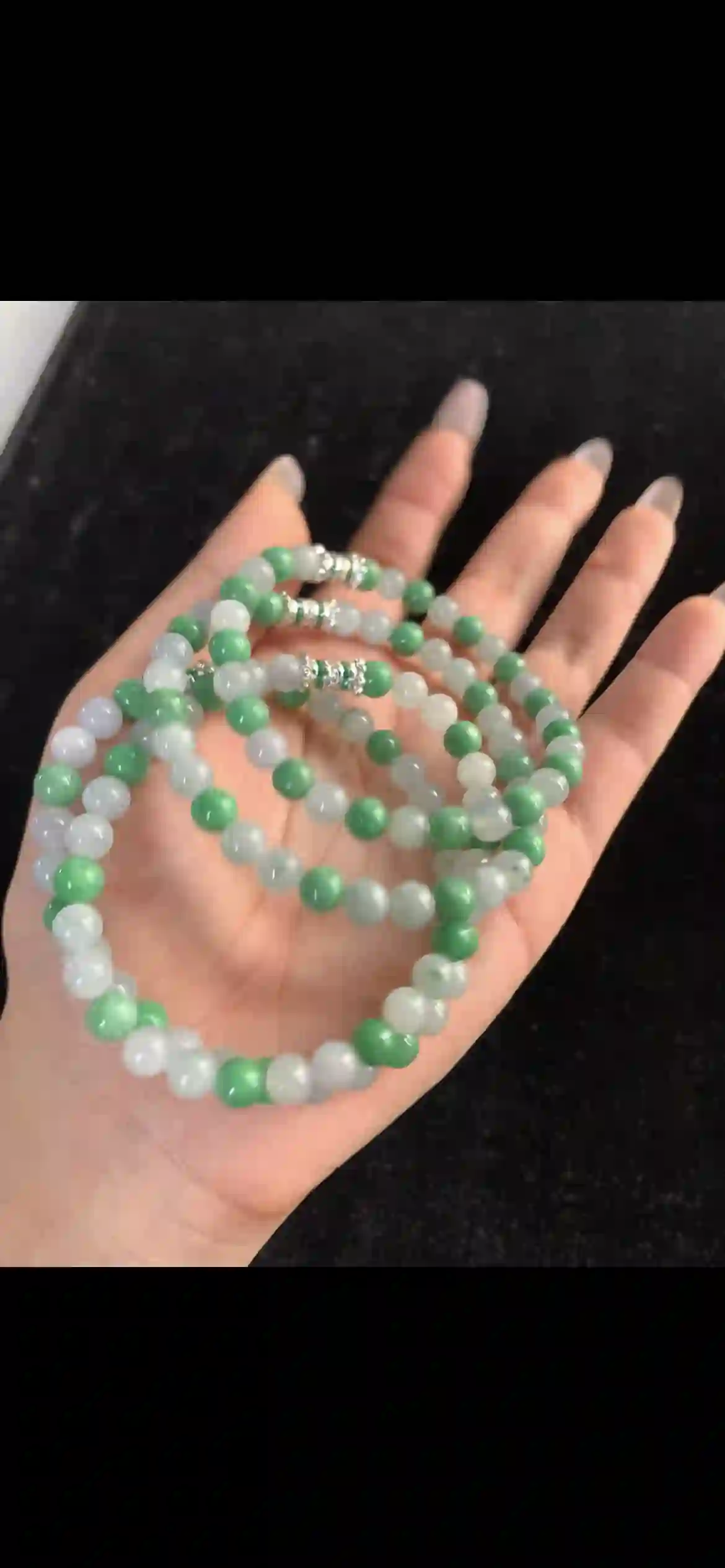 Two-Tone White & Vibrant Green Jadeite Bead Bracelet – 3-Loop Elegant Wrap with Crystal Accents | Myanmar Jadeite reference #31770003