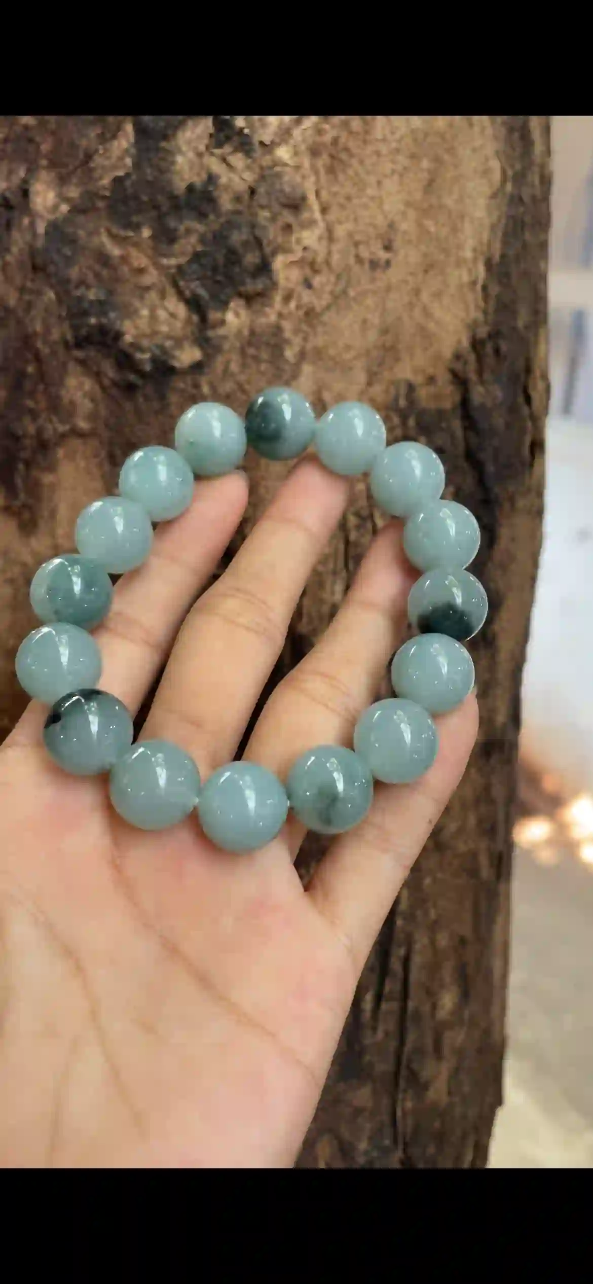  Icy Light Green Floating Dark Pattern Jadeite Bead Bracelet, view 2 | Myanmar Jadeite reference #9960002