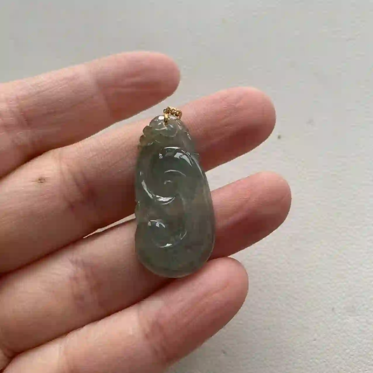 Icy Jade Ruyi Pendant in Gold Setting, view 2 | Myanmar Jadeite reference #2100008