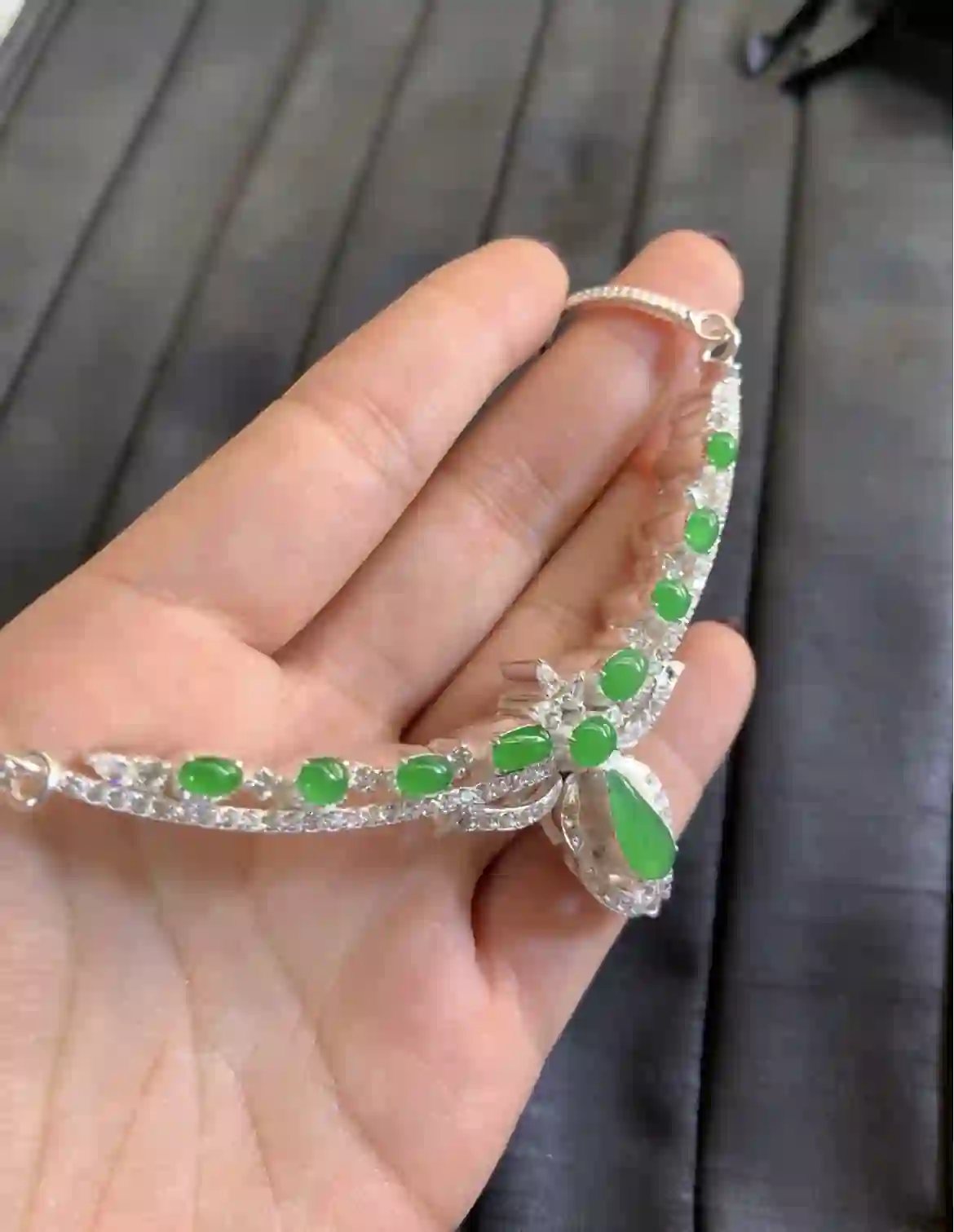  Elegant Green Jade & Diamond Accent Silver Cuff Bracelet | Myanmar Jadeite reference #2880010