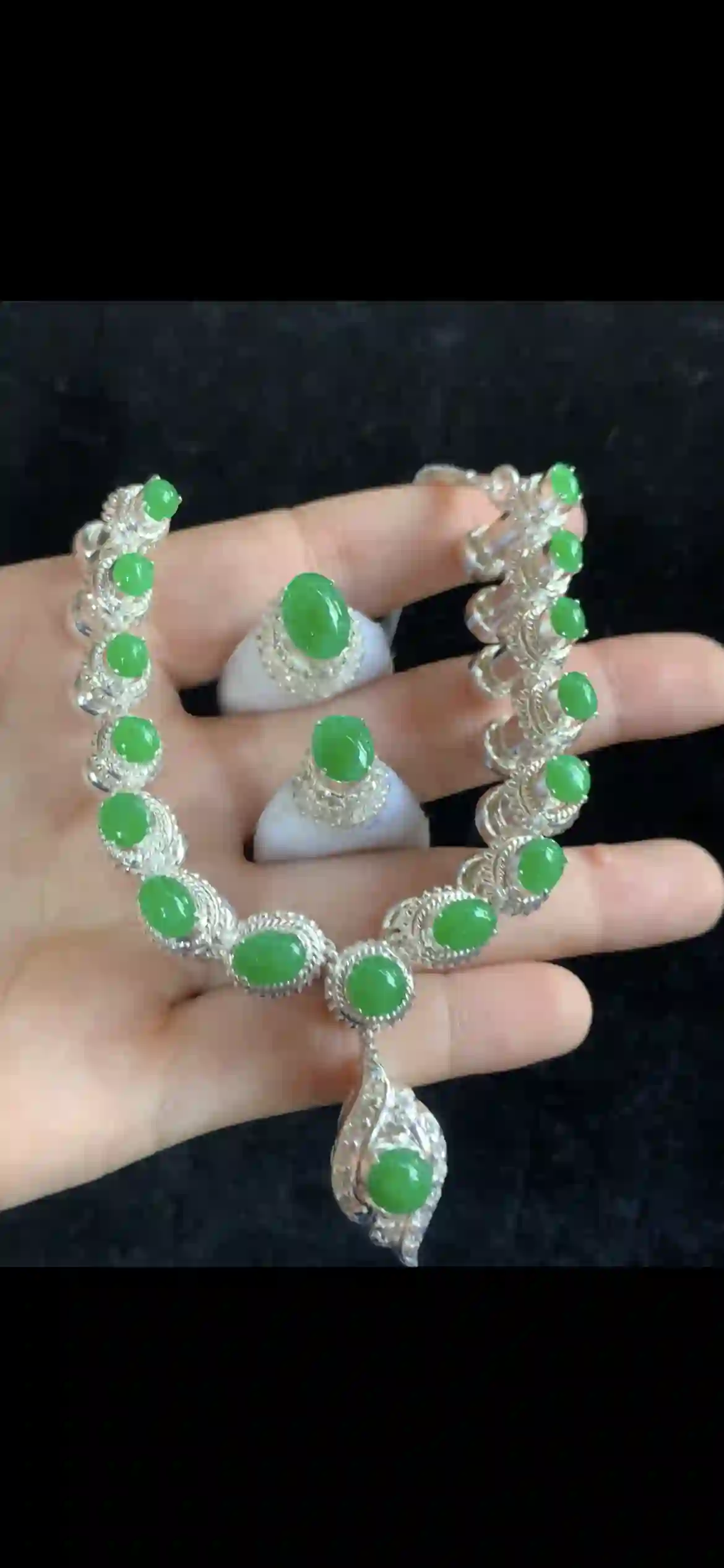 Imperial Green Jade Parure — Necklace & Ring Set with Diamond Halo Accents | Myanmar Jadeite reference #34650001