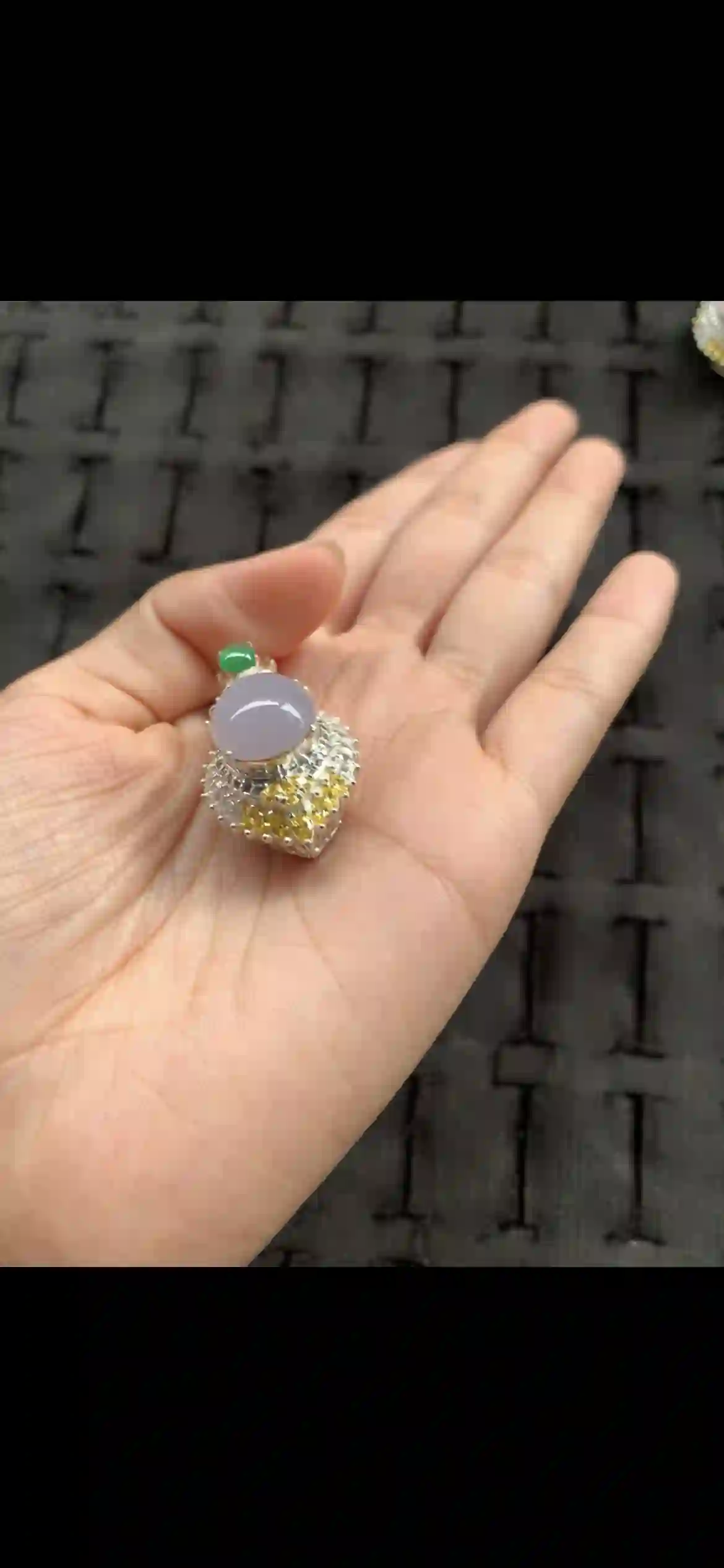 Lavender Jadeite Pendant with Vivid Green Accent & Gemstone Halo, view 2 | Myanmar Jadeite reference #10500003