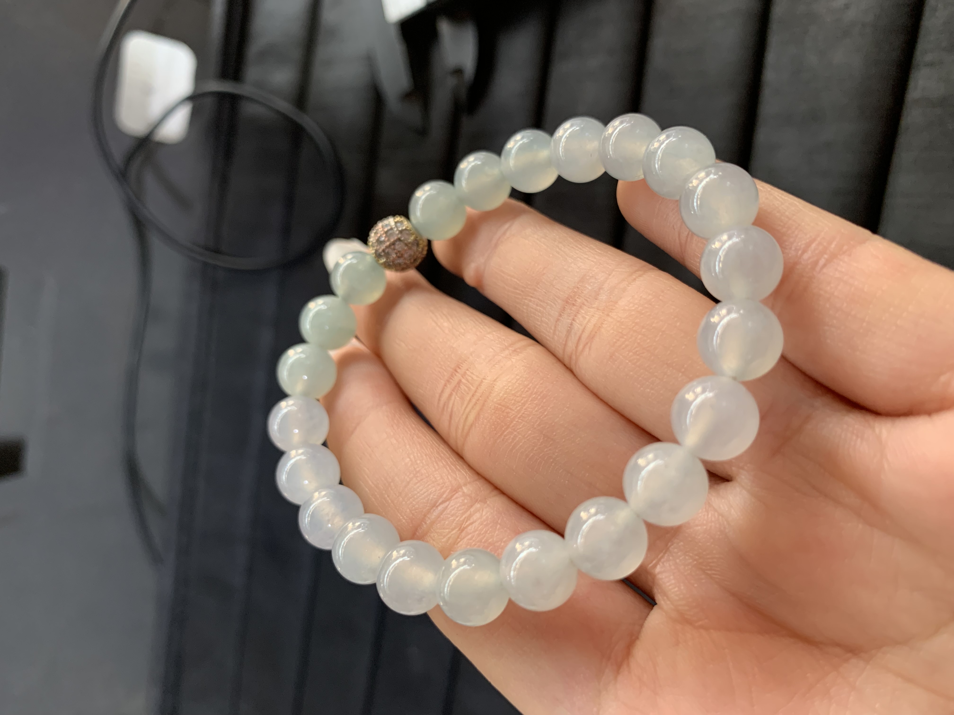Translucent White Beaded Bracelet with Accent Bead - Burmese Jadeite from Myanmar