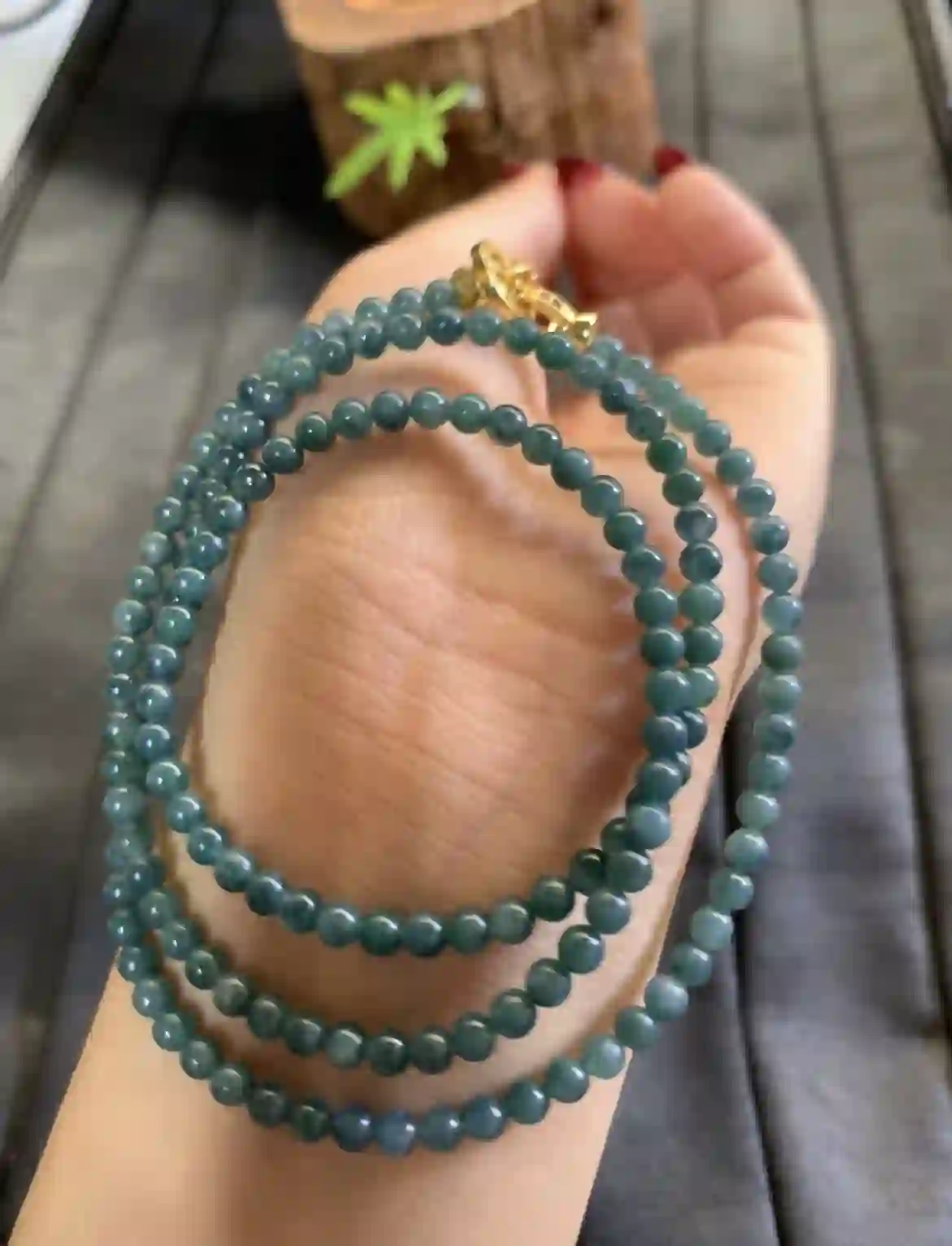 Deep Blue-Green Jade Bead Necklace | Myanmar Jadeite reference #2730001