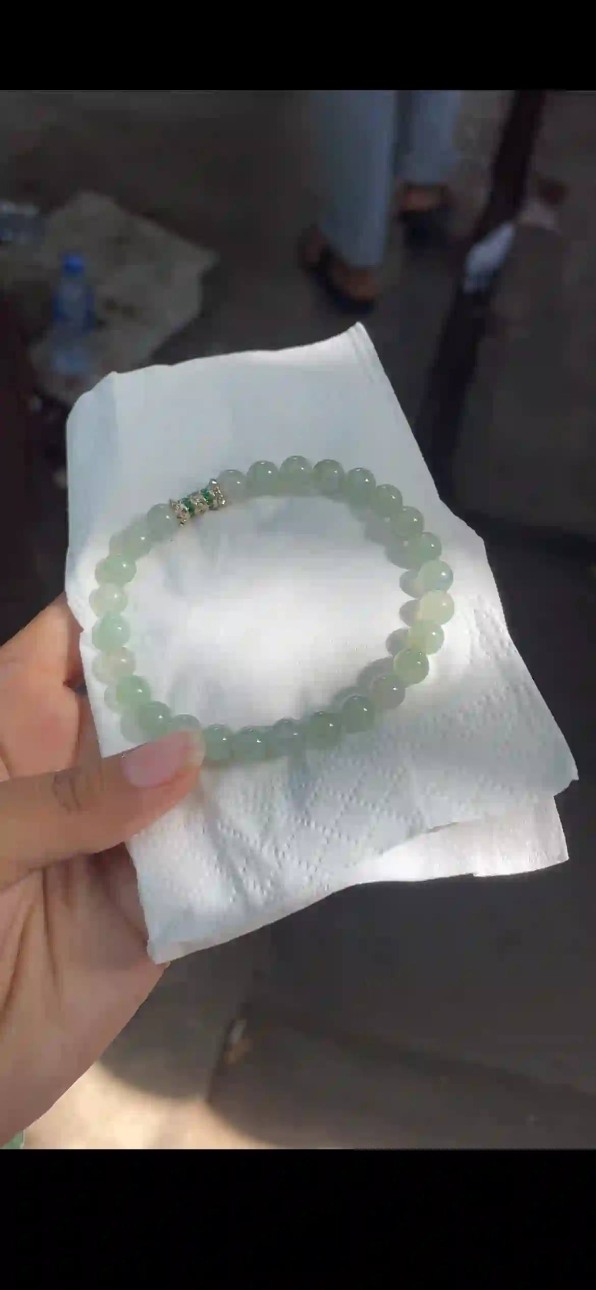 Icy Pale Celadon Jade Bead Bracelet with Gemstone Inlaid Spacer, view 2 | Myanmar Jadeite reference #19080001