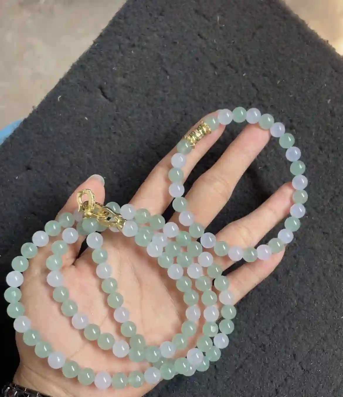 Icy White & Pale Green Gradient Jadeite Long Beaded Necklace with Gold Plated Clasp | Myanmar Jadeite reference #3810001