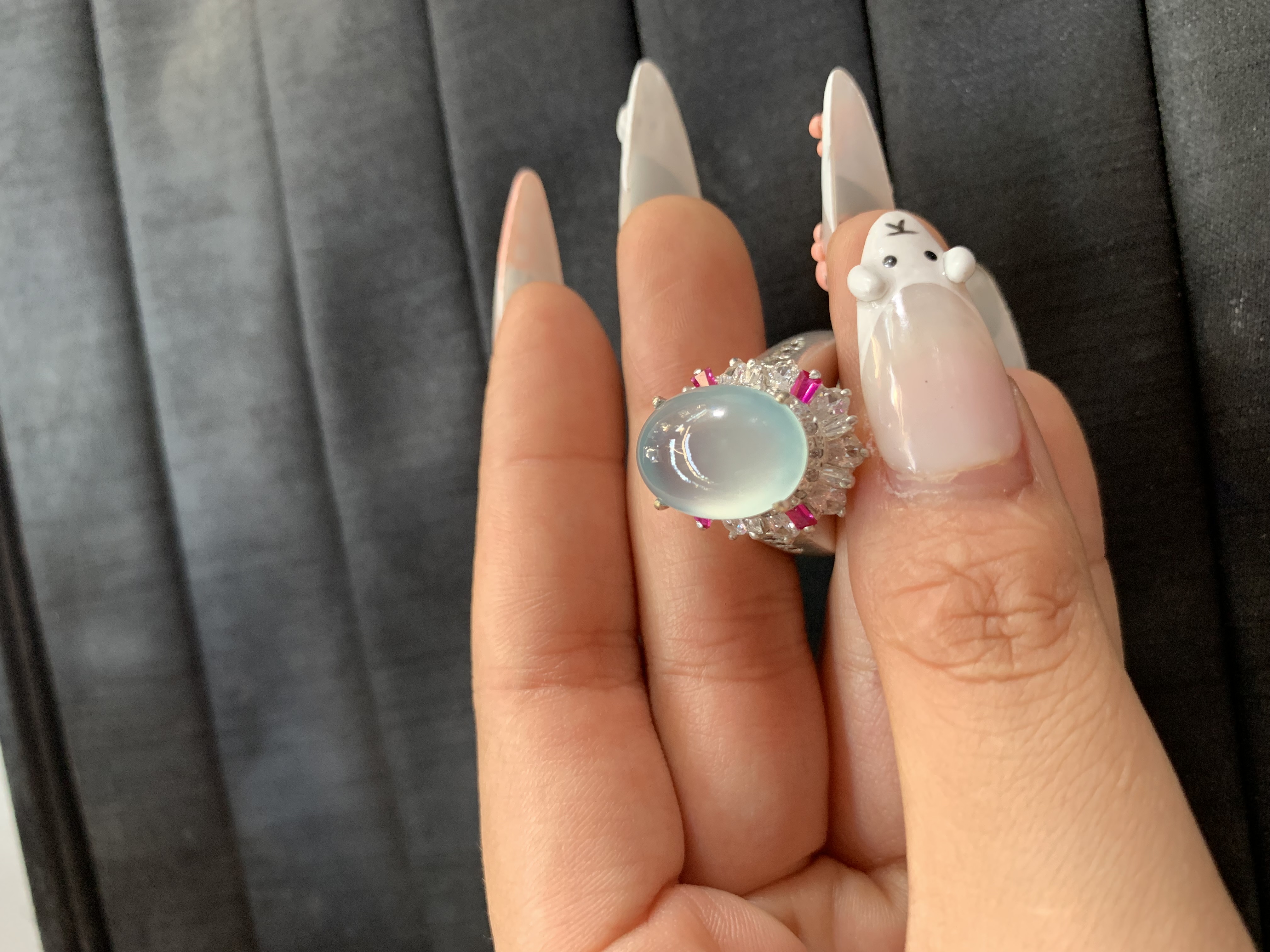 Stunning Translucent Light Blue Gemstone Ring with Pink Accents