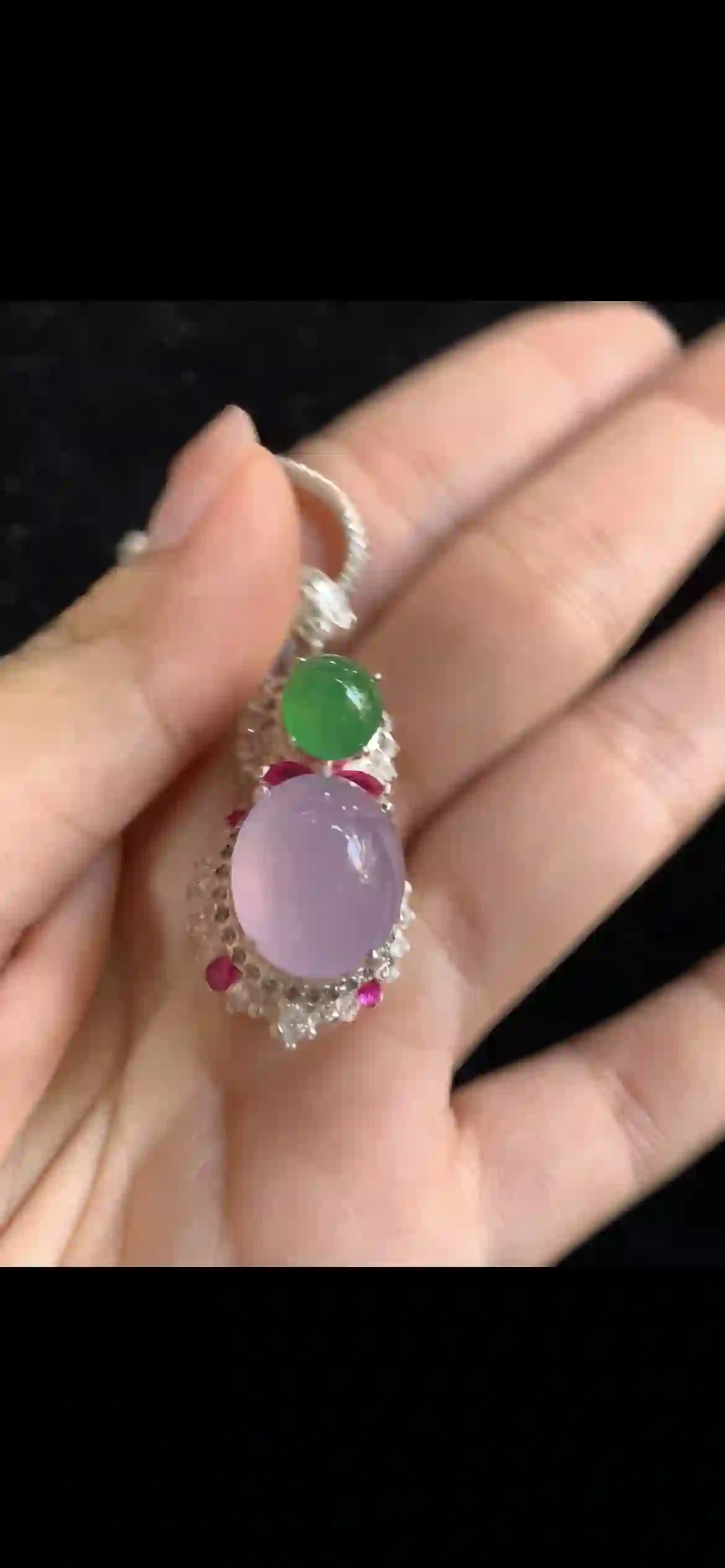 Lavender & Imperial Green Jade Pendant with Ruby & Diamond Halo | Myanmar Jadeite reference #36360001