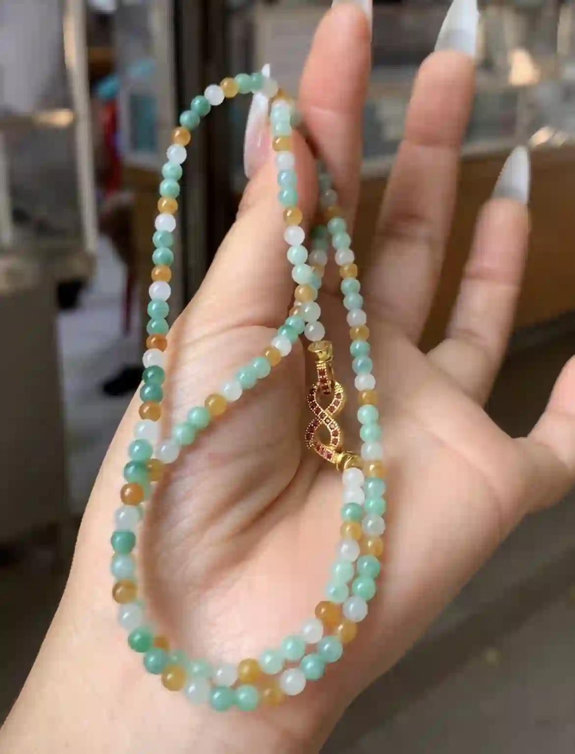 Delicate Multi-hued Beaded Necklace with Ornate Clasp | Myanmar Jadeite reference #1080002