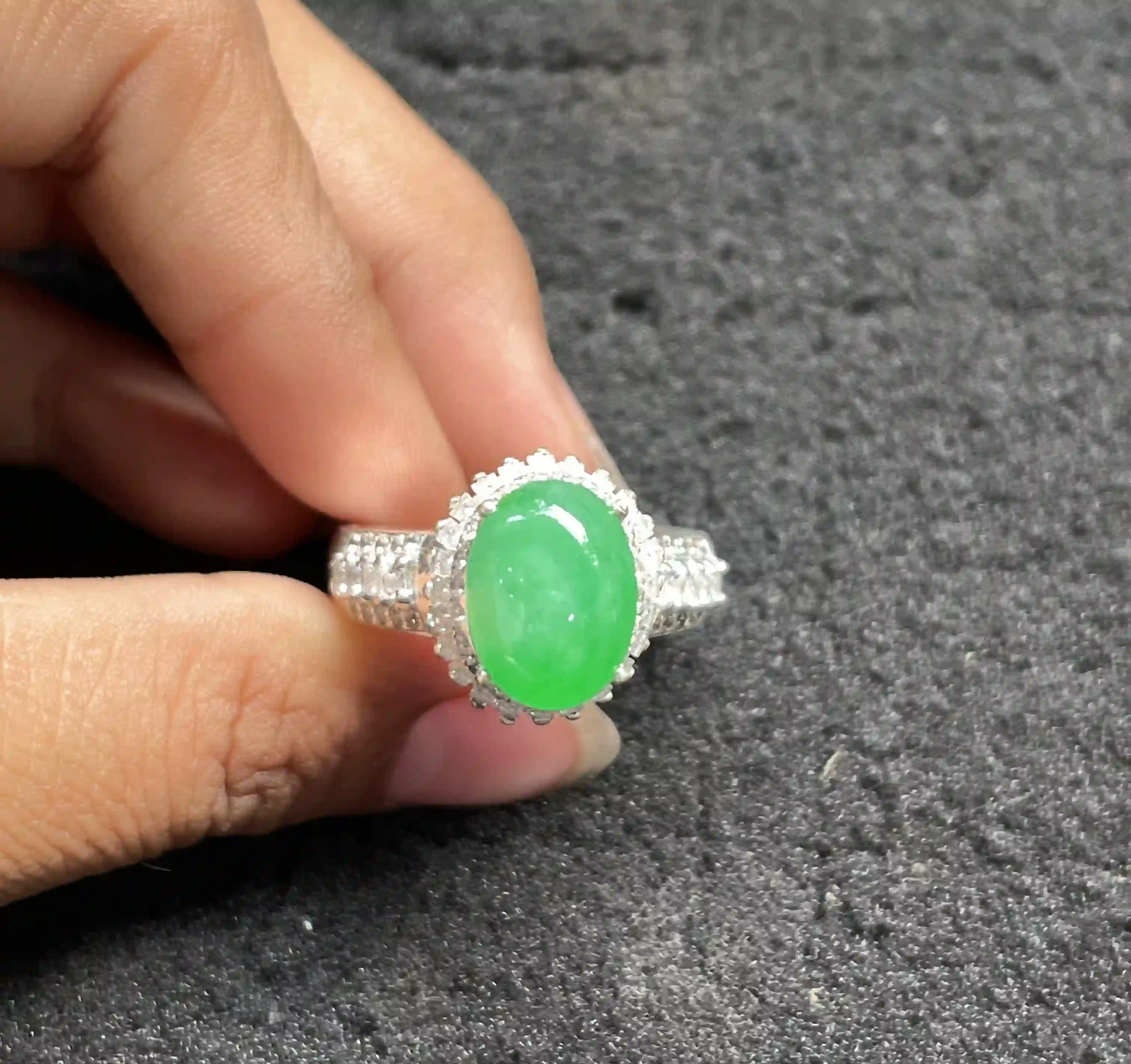 Vivid Green Jade Cocktail Ring with Sparkling Accents, view 2 | Myanmar Jadeite reference #600001
