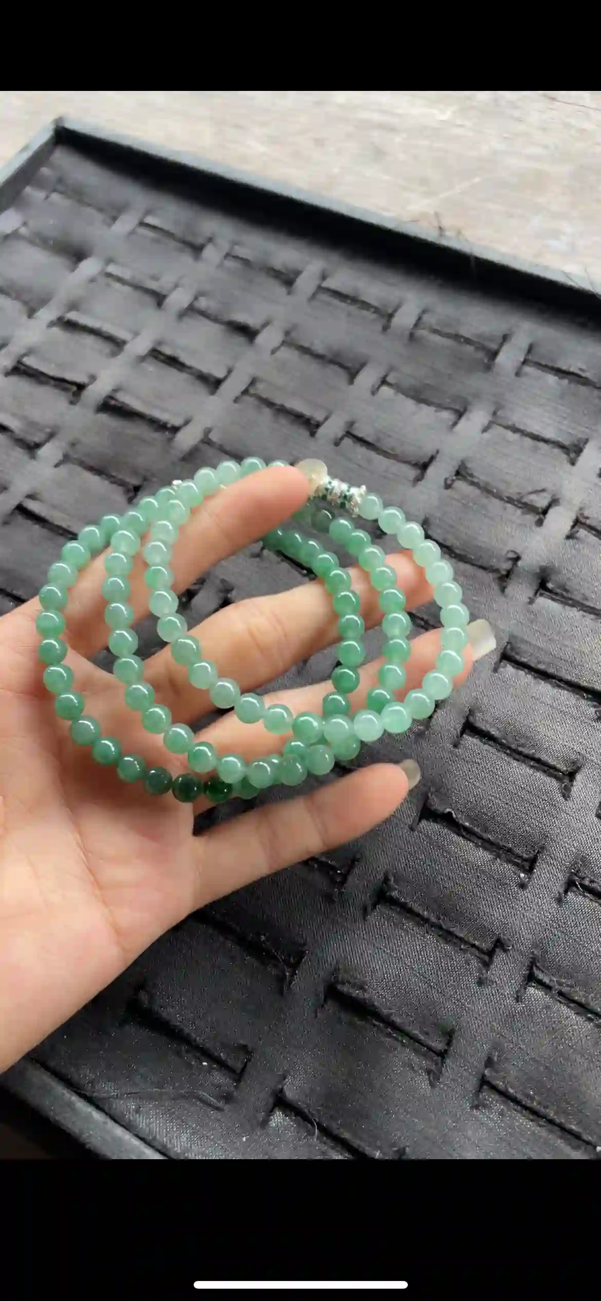 Fine Icy Green Jadeite Beaded Double Strand Bracelet with Silver Accentso, view 2 | Myanmar Jadeite reference #23550001
