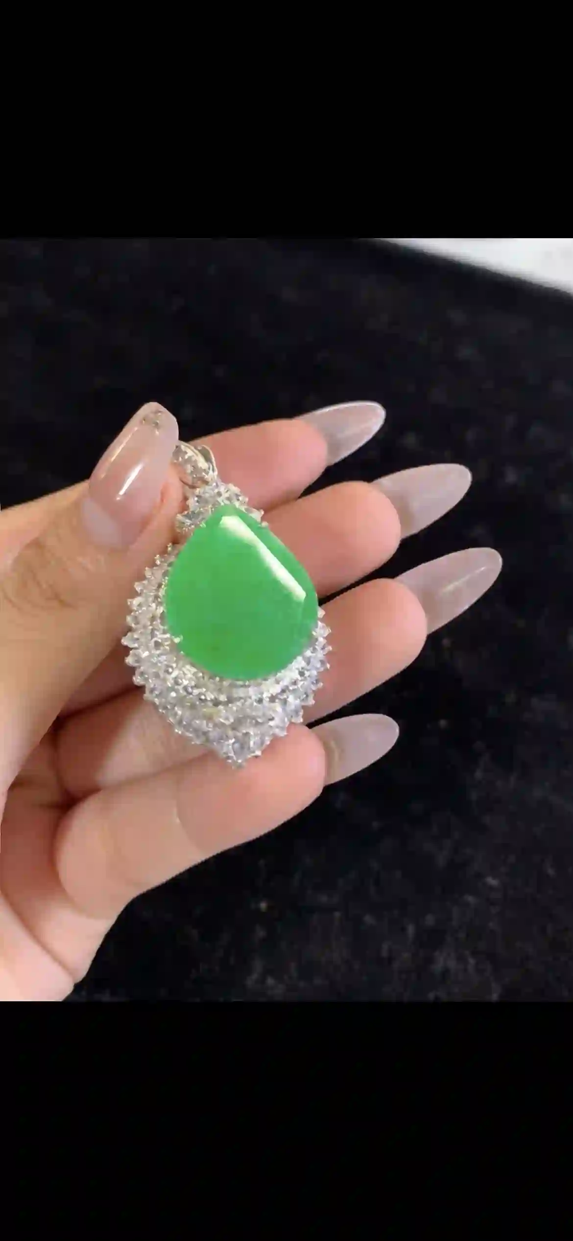 Teardrop Vivid Green Jade Pendant with Diamond Halo in Silver Setting | Myanmar Jadeite reference #27750001