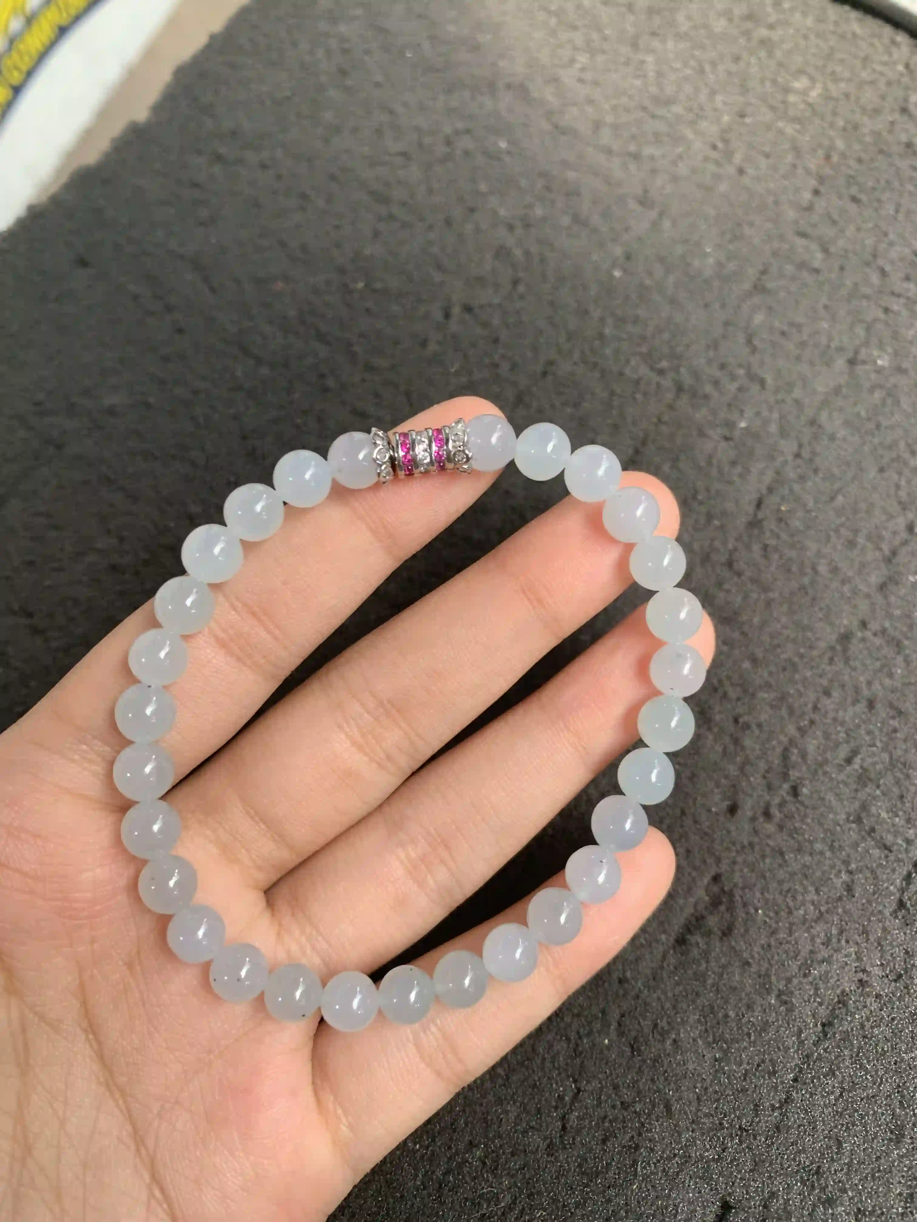  Light Blue-Gray Beaded Bracelet with Decorative Metal Accent | Myanmar Jadeite reference #690001