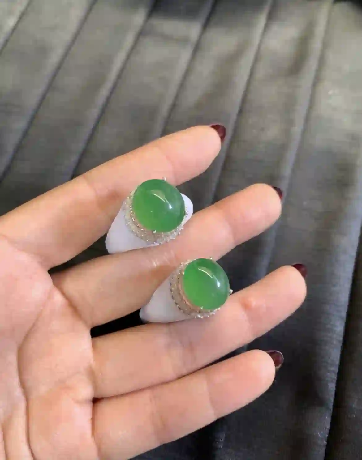 Rich Emerald Green Jade Cabochon Ring Pair, view 2 | Myanmar Jadeite reference #2820002