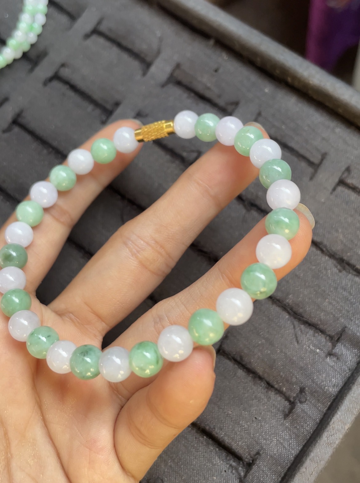 Natural Icy Green Jade Bead Bracelet with Gold Accent - Burmese Jadeite from Myanmar