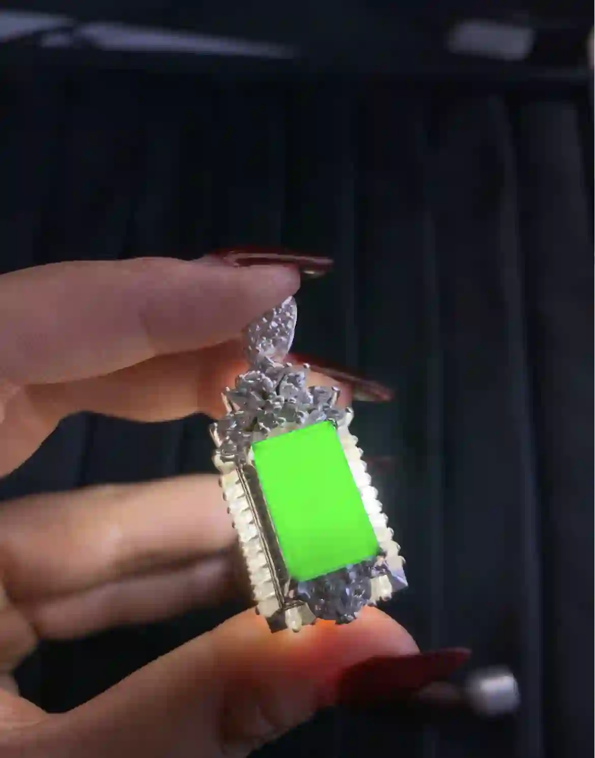 Vibrant Green Jadeite Rectangle Pendant with Sparkling Diamond Halo Setting | Myanmar Jadeite reference #3390001