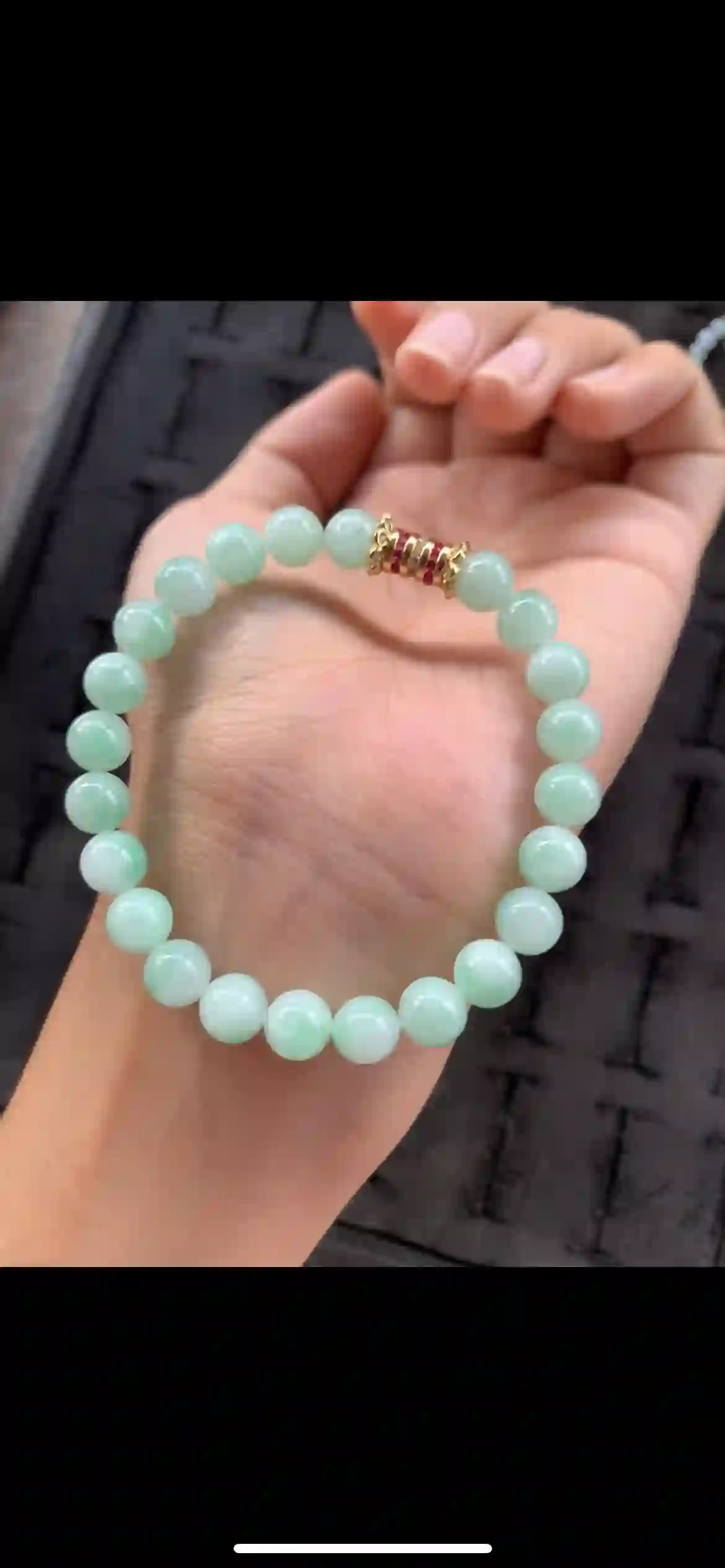 Soft Mint Green Jade Bead Bracelet with Gold & Ruby Accent Spacer | Myanmar Jadeite reference #21660001