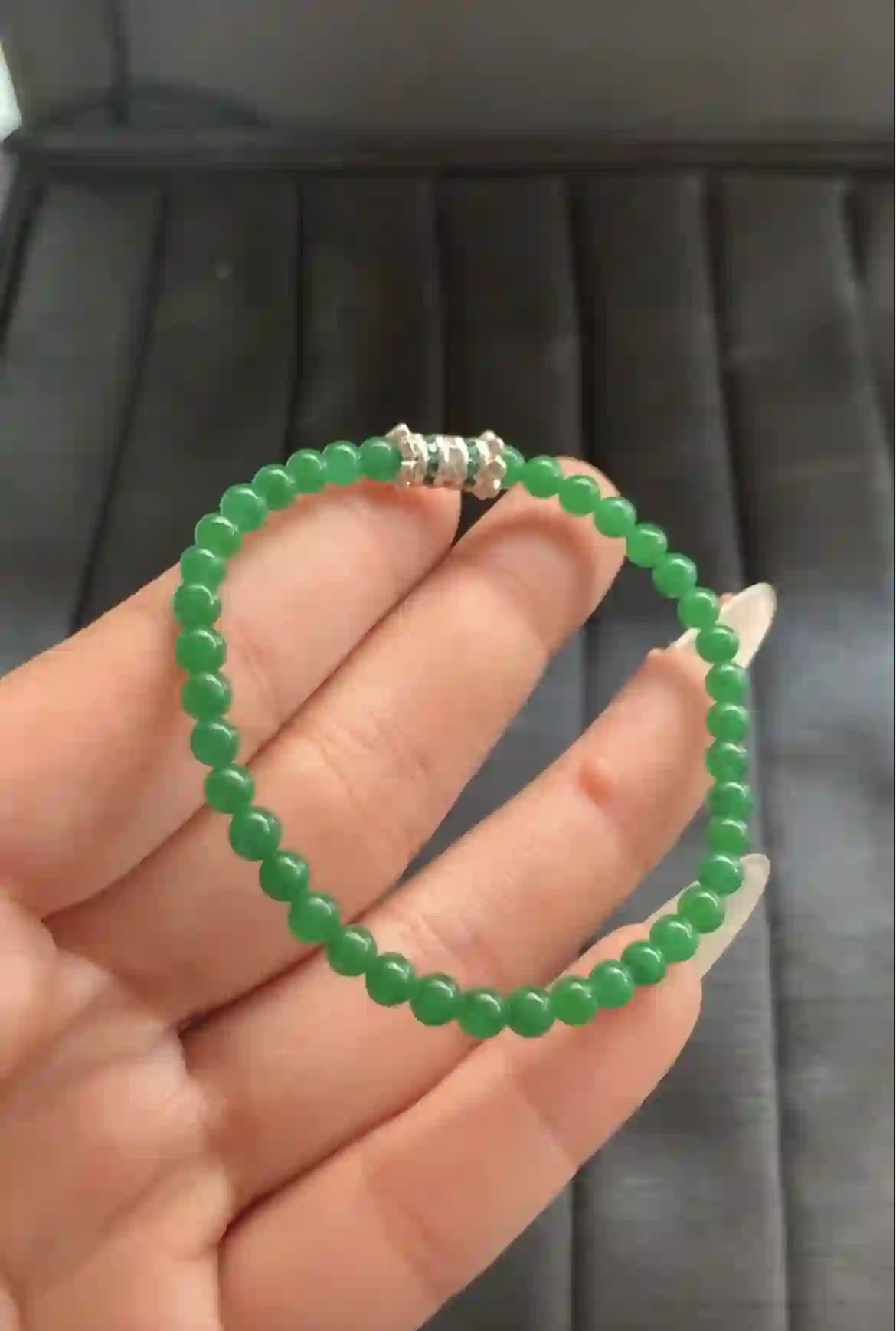 Natural Vibrant Green Jade Bead Bracelet, view 2 | Myanmar Jadeite reference #1920009