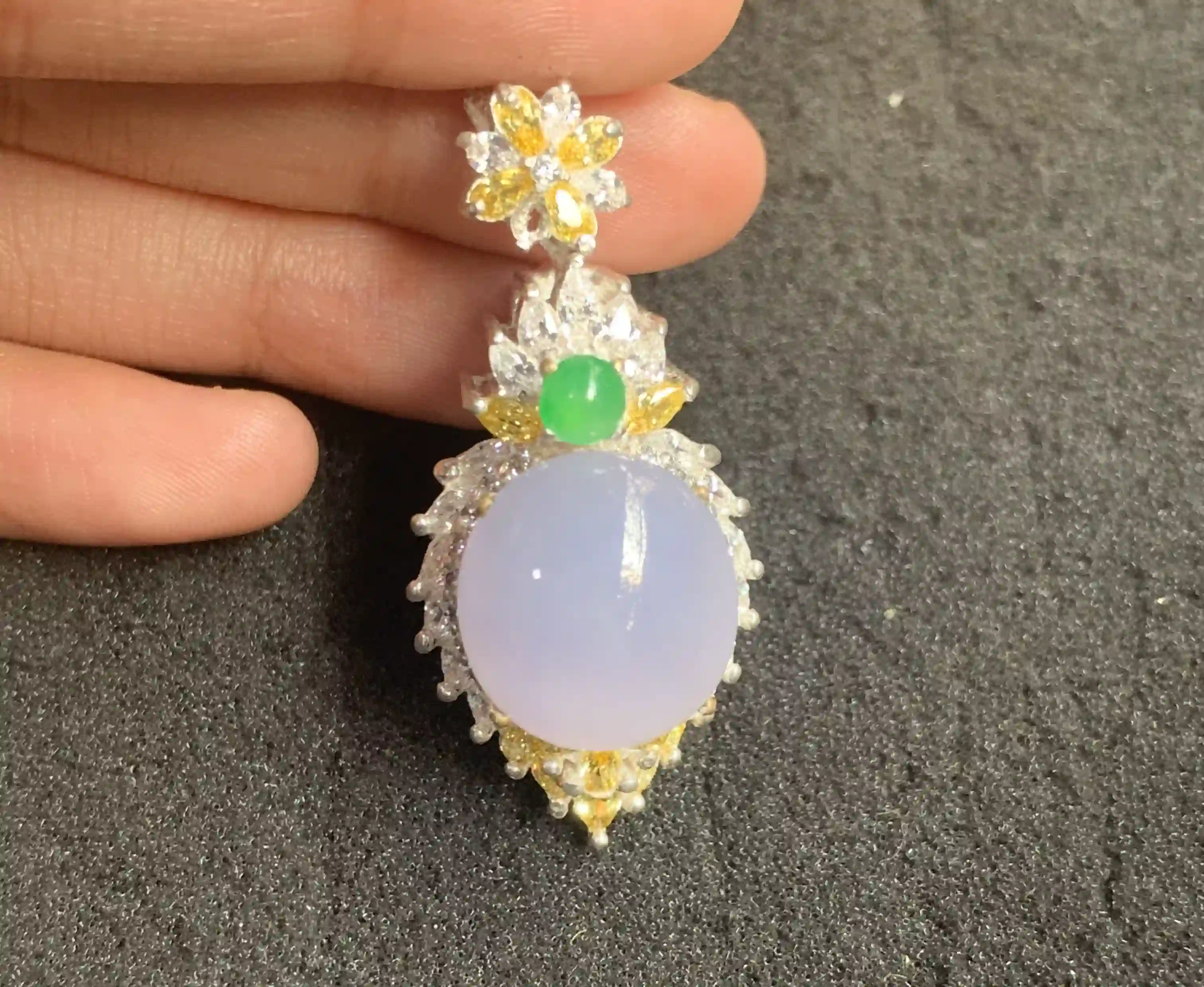  Luxurious Lavender Cabochon Pendant with Green Gem & Crystal Accents | Myanmar Jadeite reference #120005